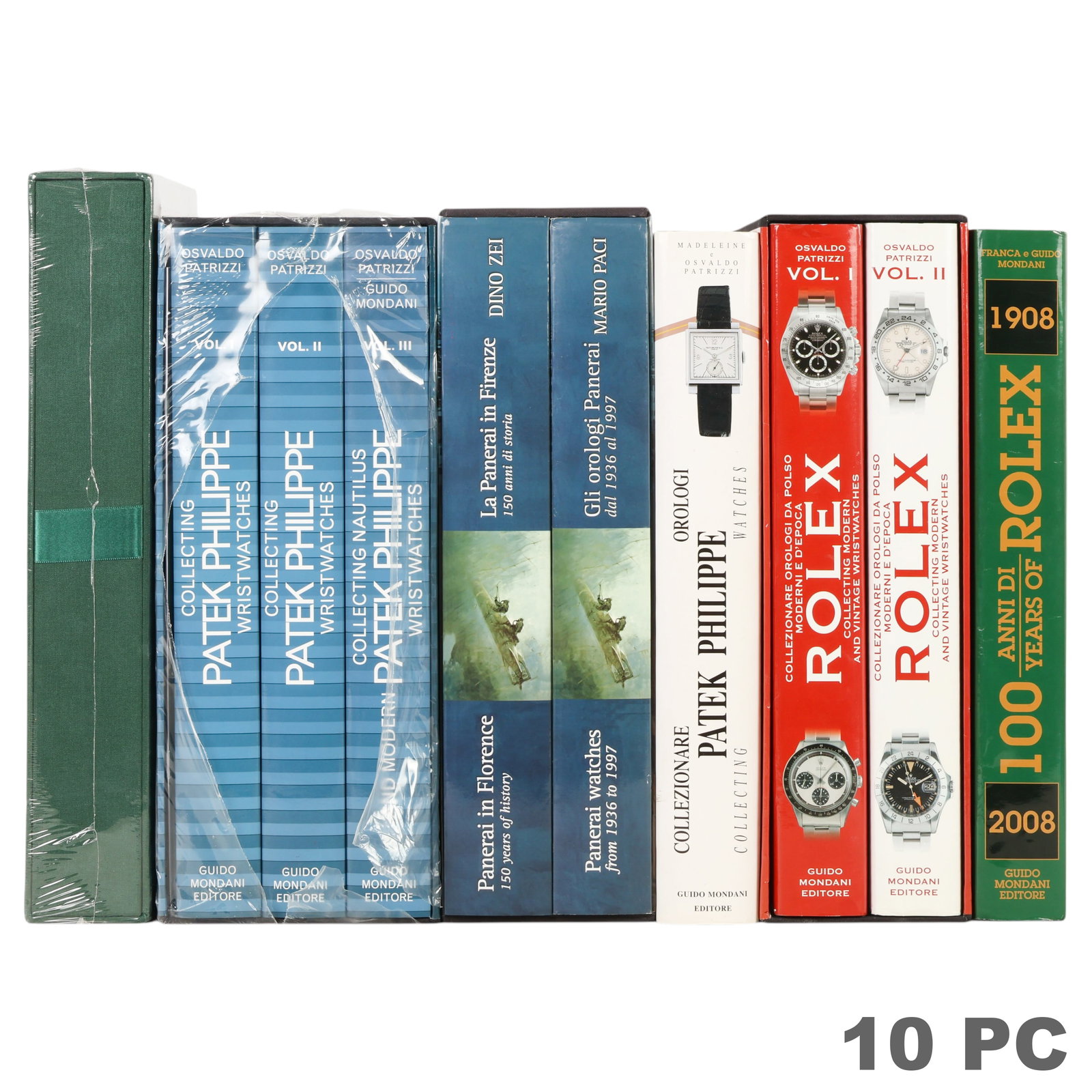 Rolex Patek Philippe & Panerai Reference Books LOT: Collection of ten luxury watch and timepiece reference books and catalogs devoted to Rolex, Patek Philippe, and Panerai. Includes 100 Years of Rolex (1908-2008), Day-Date: The Presidential Rolex, the 