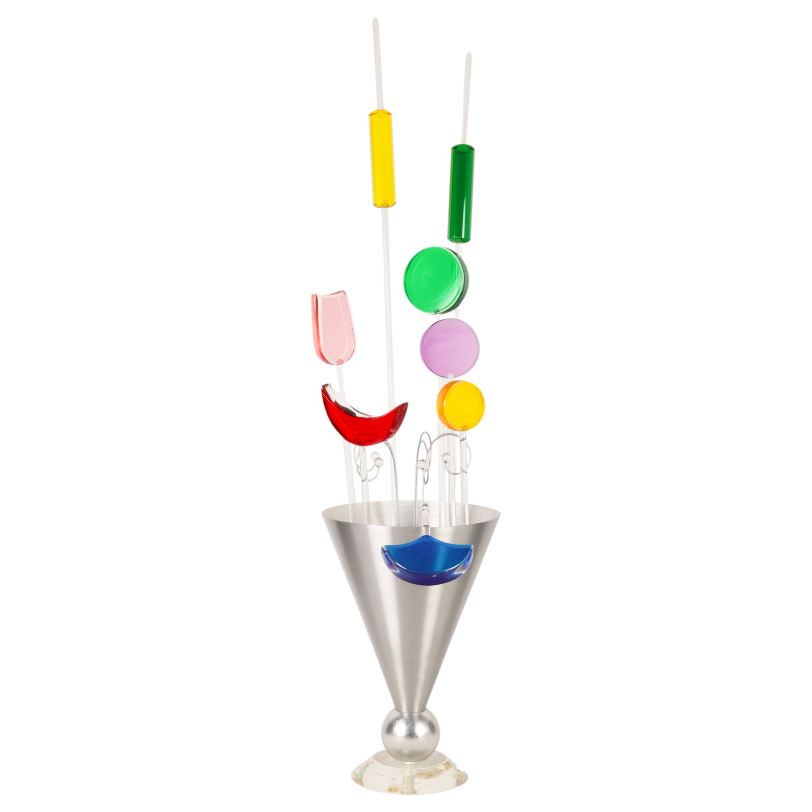 Shlomi Haziza b.1969 Mod Acrylic Floral Sculpture: Shlomi Haziza (American, born 1969), contemporary acrylic floral sculpture featuring a brushed aluminum conical vase supporting an arrangement of clear acrylic stems with polished colored acrylic elem