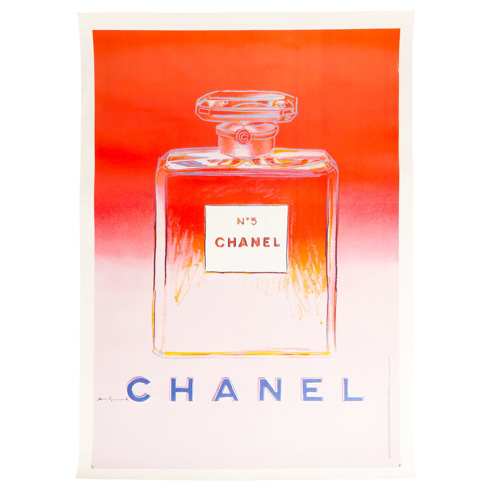 Chanel No 5 Lt Pink Dk Pink Poster after Warhol: After Andy Warhol (American, 1928-1987), Chanel - Lt. Pink Dk. Pink, 1997, color print on paper, mounted on canvas, depicting the iconic Chanel No. 5 perfume bottle in Warhol's Pop Art style. Bears a 