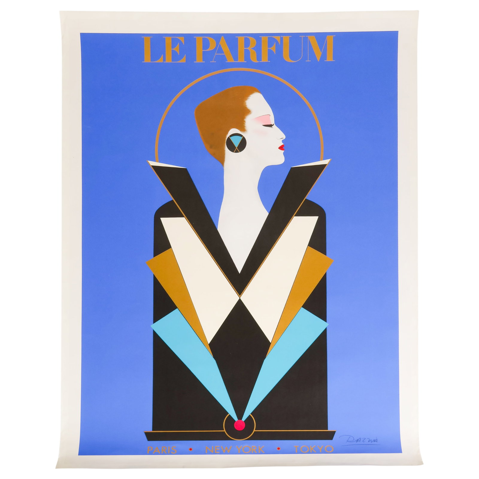Razzia b.1950 "Le Parfum" Lithograph Poster SIGNED: Gerard Courbouleix-Deneriaz, known as Razzia (French, born 1950), Le Parfum, color lithograph on canvas depicting the iconic Art Deco-inspired perfume advertisement featuring a stylized female figure 