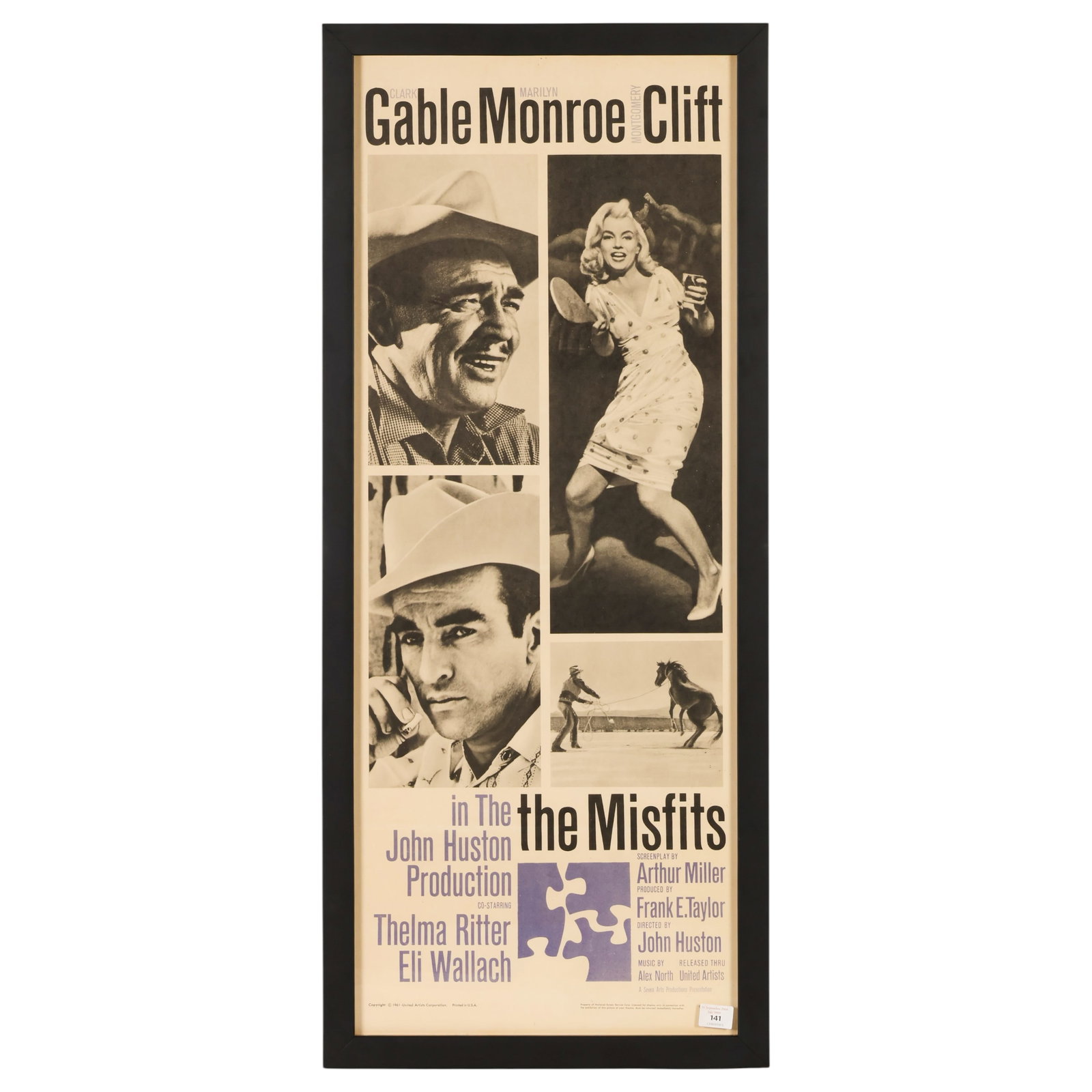 Marilyn Monroe Clark Gable The Misfits 1961 Poster: Vintage United Artists insert movie poster for The Misfits, starring Clark Gable, Marilyn Monroe, and Montgomery Clift, with John Huston, Thelma Ritter, and Eli Wallach. Copyright 1961 United Artists 