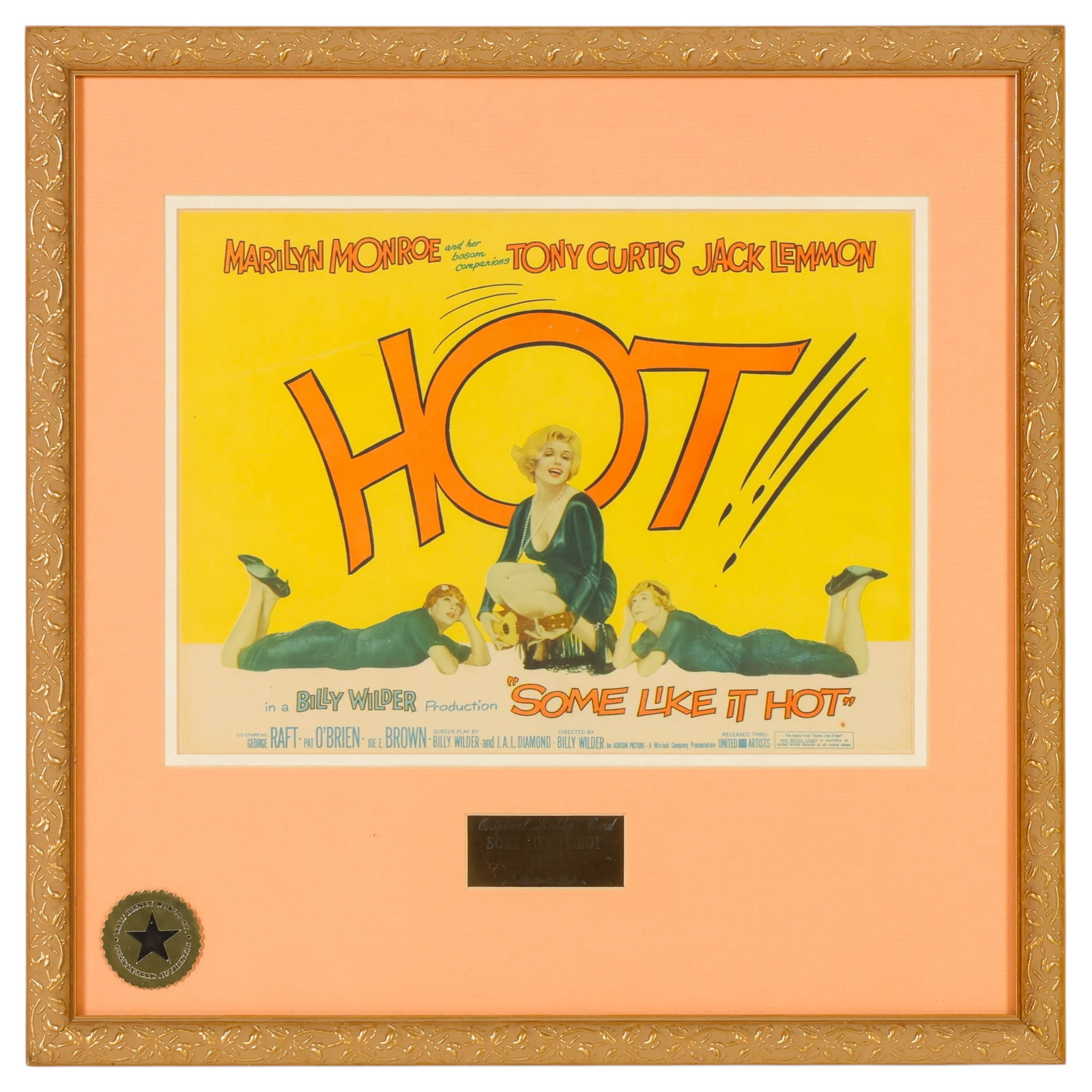Marilyn Monroe Photo Lobby Card Memorabilia LOT: Lot of two Marilyn Monroe framed memorabilia displays. The first features a Some Like It Hot (1959) movie poster with a decorative nameplate reading "Original Lobby Card Some Like It Hot 1959" and a H