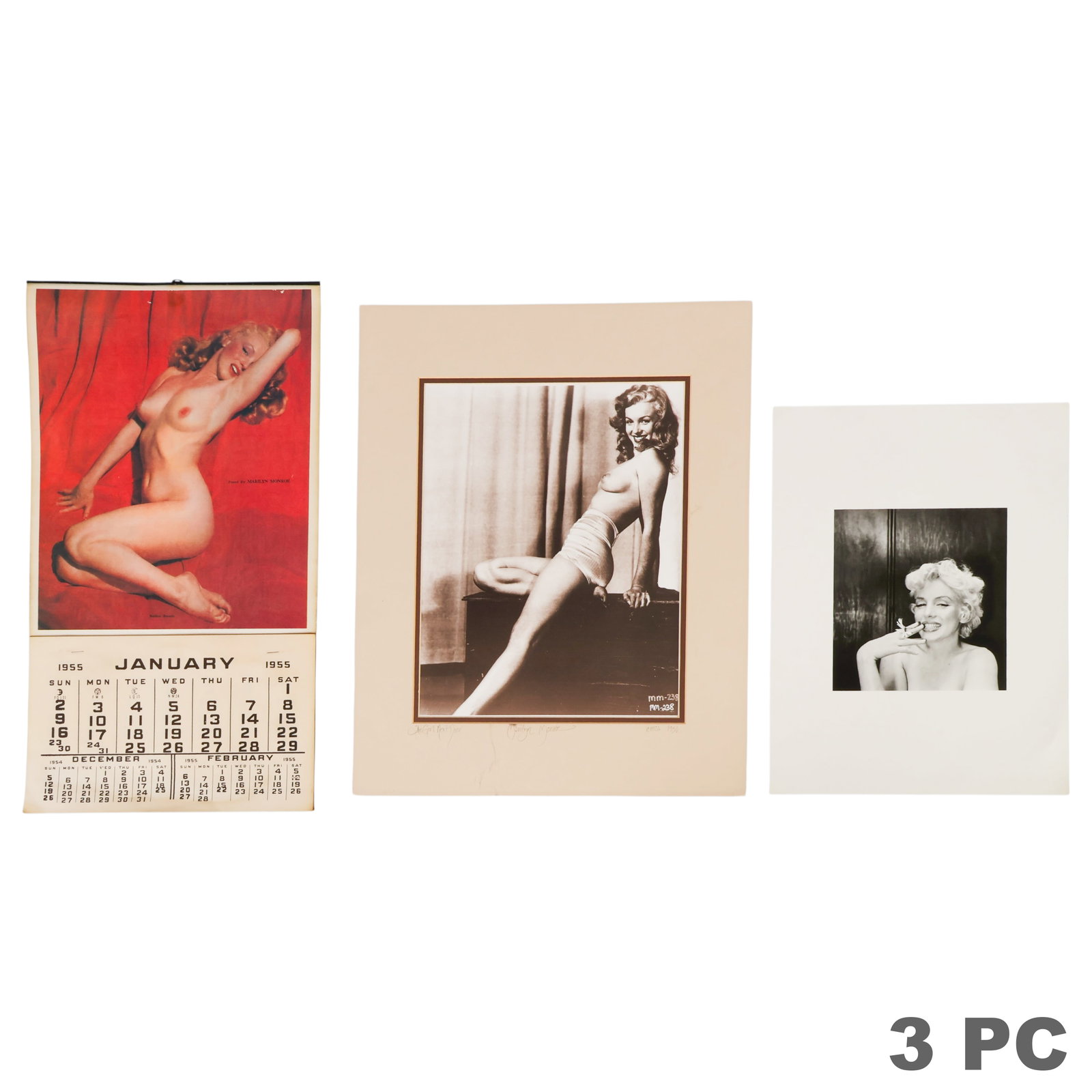 Marilyn Monroe 1955 Calendar and Photograph LOT: Collection of Marilyn Monroe (American, 1926-1962) memorabilia including a complete 1955 pin-up calendar featuring a color reproduction after the celebrated nude photograph by Tom Kelley, a matted bla
