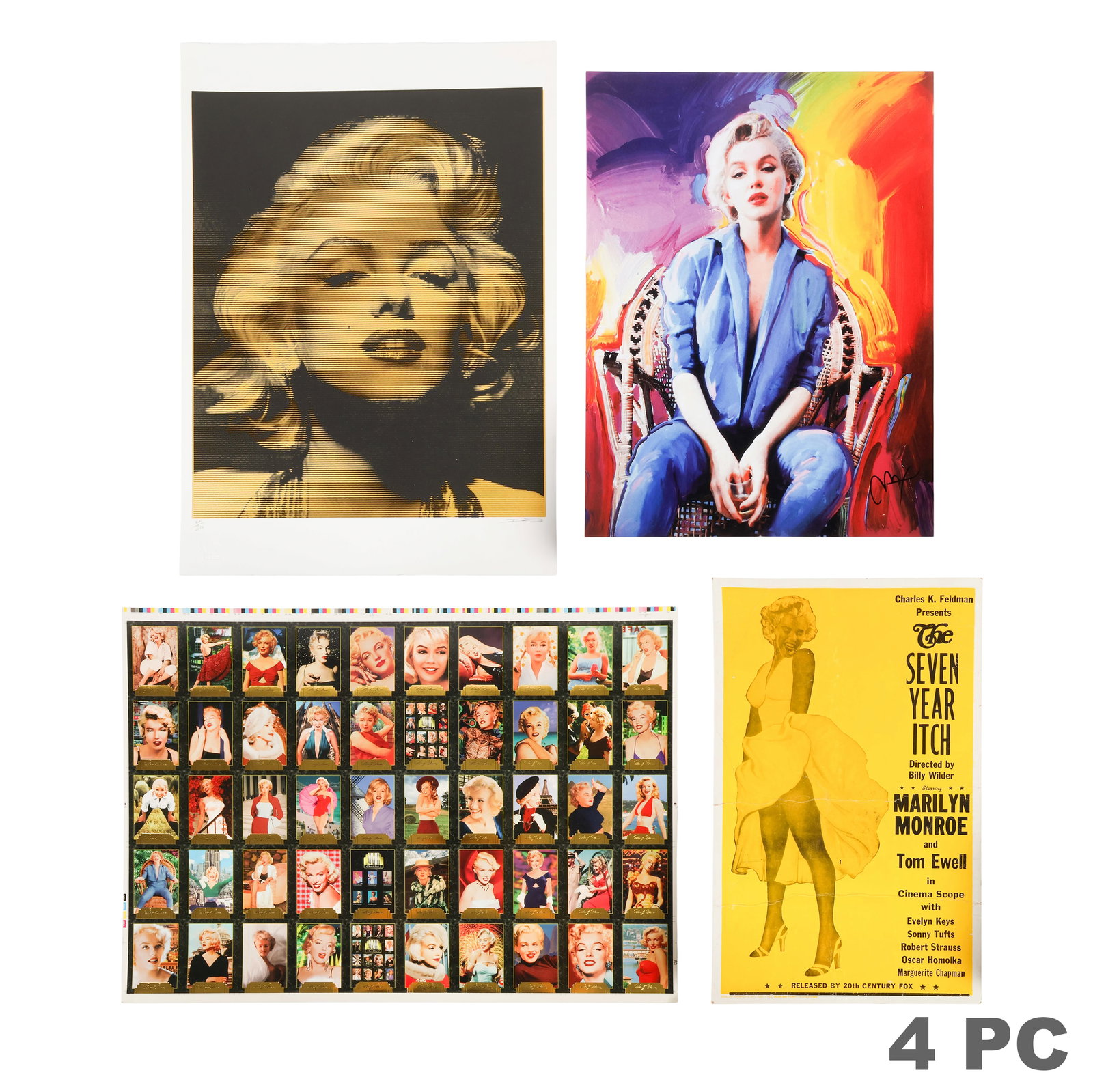 Marilyn Monroe Decorative Graphic Prints 4pc LOT: Lot of four Marilyn Monroe (American, 1926-1962) decorative graphic prints comprising a pencil signed and numbered David Studwell optical screenprint highlighted in black and metallic gold; an offset 