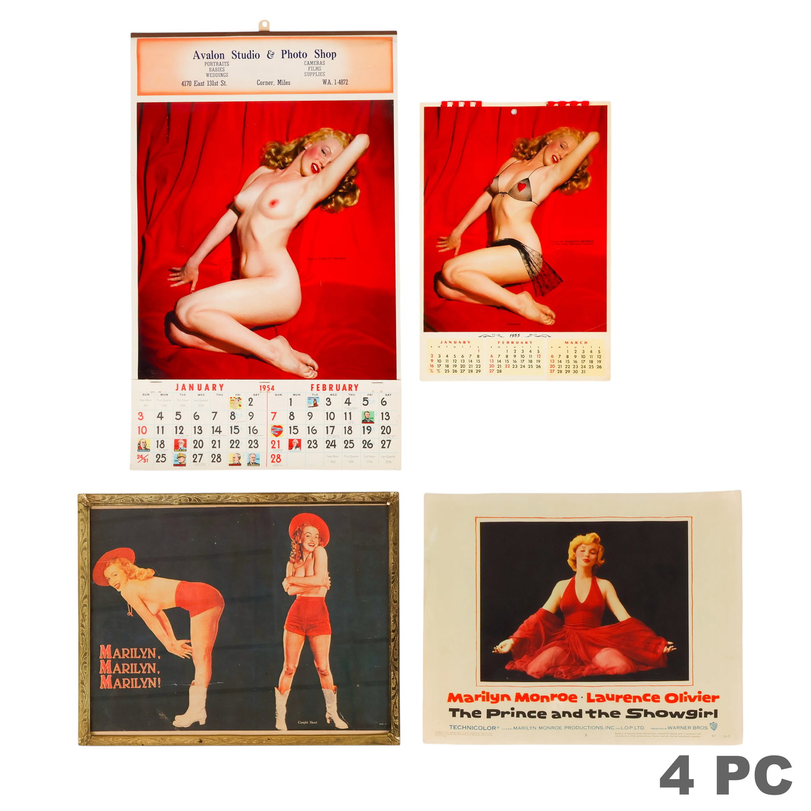 Marilyn Monroe Memorabilia Calendars & Lobby Card: Lot of four Marilyn Monroe (American, 1926-1962) memorabilia comprising a 1955 calendar with cover and interior text, a framed Marilyn, Marilyn, Marilyn! display print, a The Prince and the Showgirl p