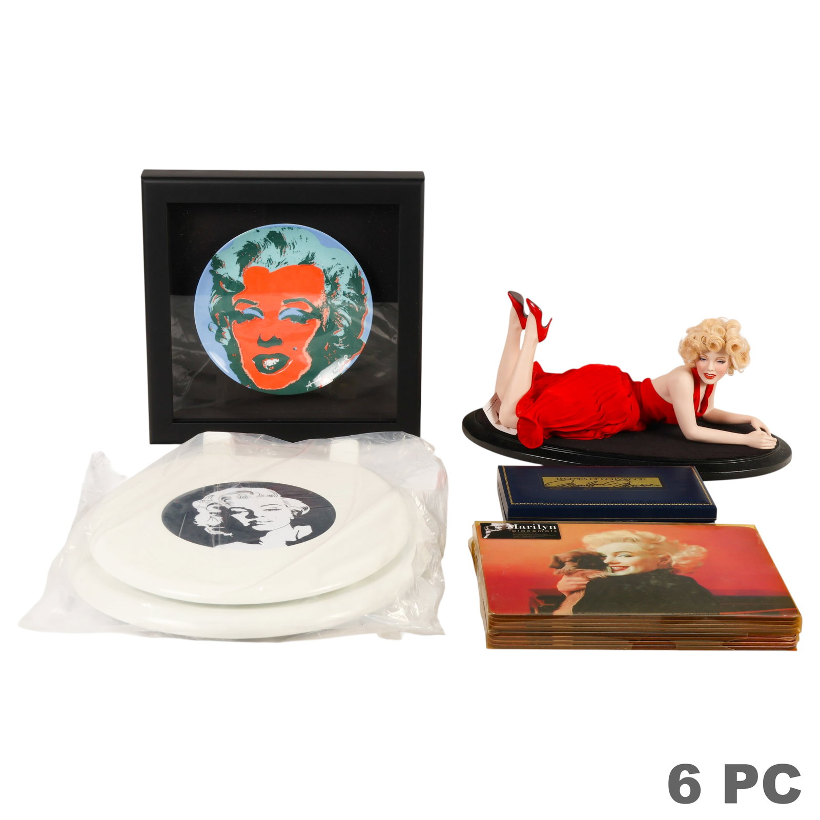 Marilyn Monroe Doll, Coins, Memorabilia & More LOT: Lot of Marilyn Monroe (American, 1926-1962) memorabilia comprising a Franklin Mint Marilyn Monroe Portrait Doll with tag and display base, Morgan Mint colorized JFK half dollar collection with certifi