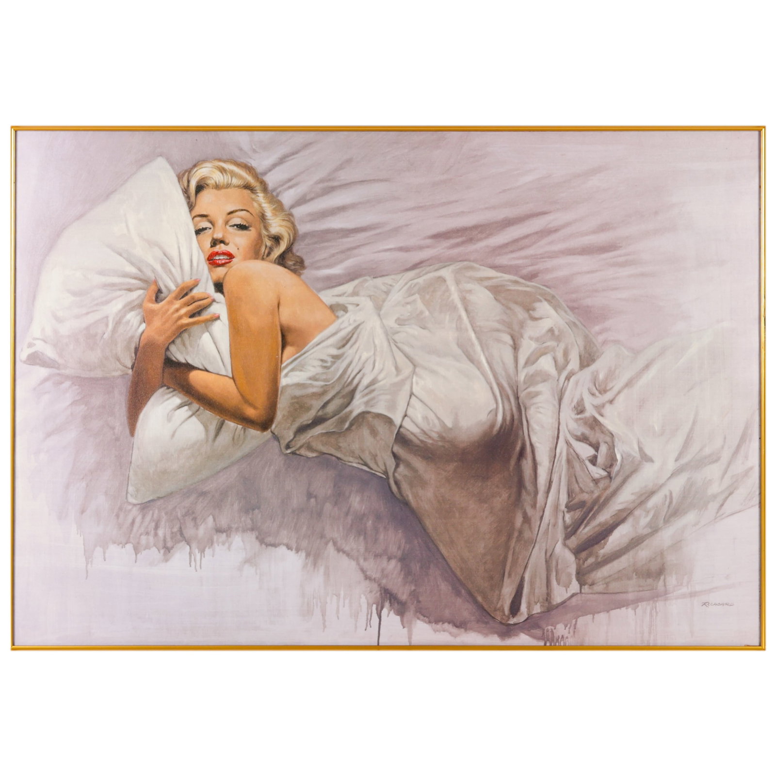 Marilyn Monroe Everyday Dream by Renato Casaro: Renato Casaro (Italian, 1935-2025), Everyday Dream, color giclee on canvas depicting Marilyn Monroe reclining in bed wrapped in white linens against a lavender ground. Bears a signature in the print l