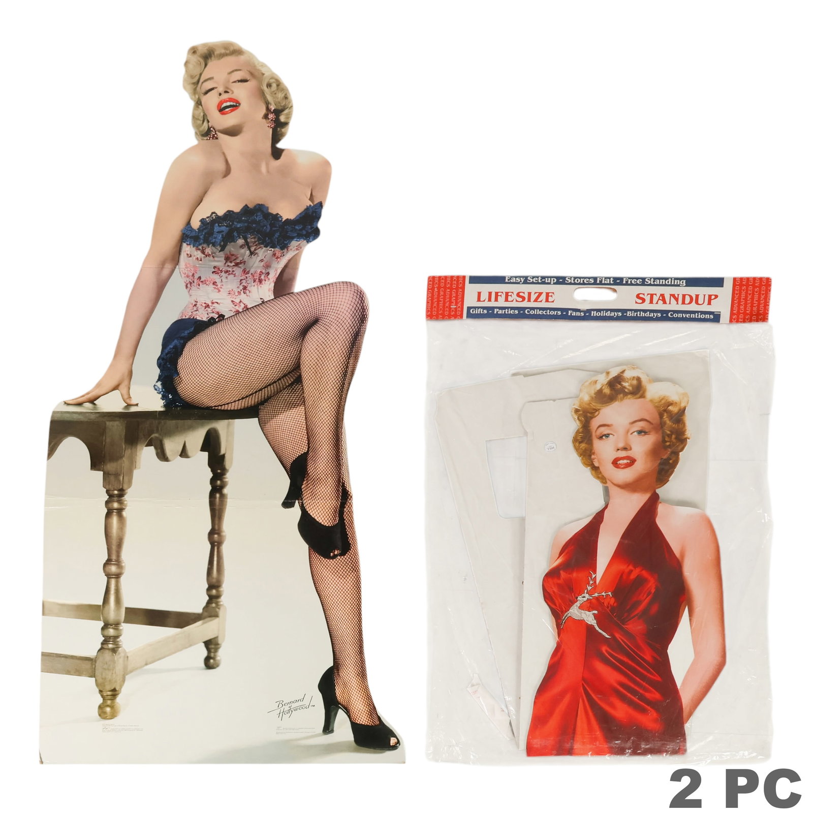 Bernard of Hollywood Marilyn Monroe Standees LOT: Lot of two Bernard of Hollywood Marilyn Monroe life-size cardboard display standees. The first depicts Marilyn Monroe seated on a wooden table wearing a blue and white corset with fishnet stockings an