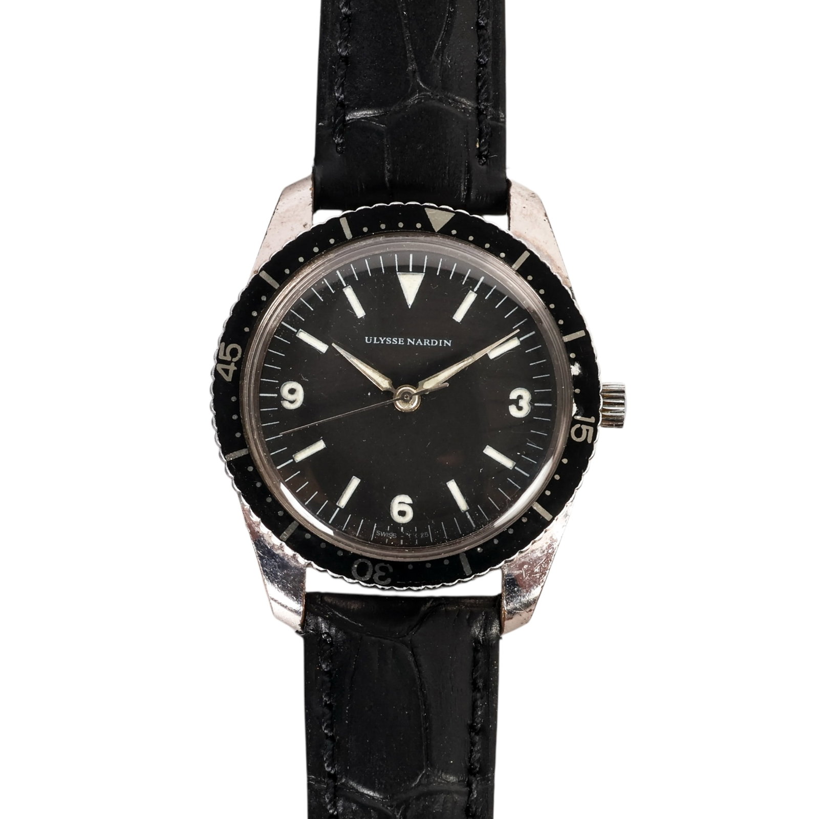 Ulysse Nardin Vintage Sport Skin Diver Wristwatch: Vintage Ulysse Nardin Skin Diver wristwatch featuring a black dial with luminous Arabic numerals and baton hour markers, luminous hands, and a rotating black bezel. Housed in a stainless steel 35 mm c