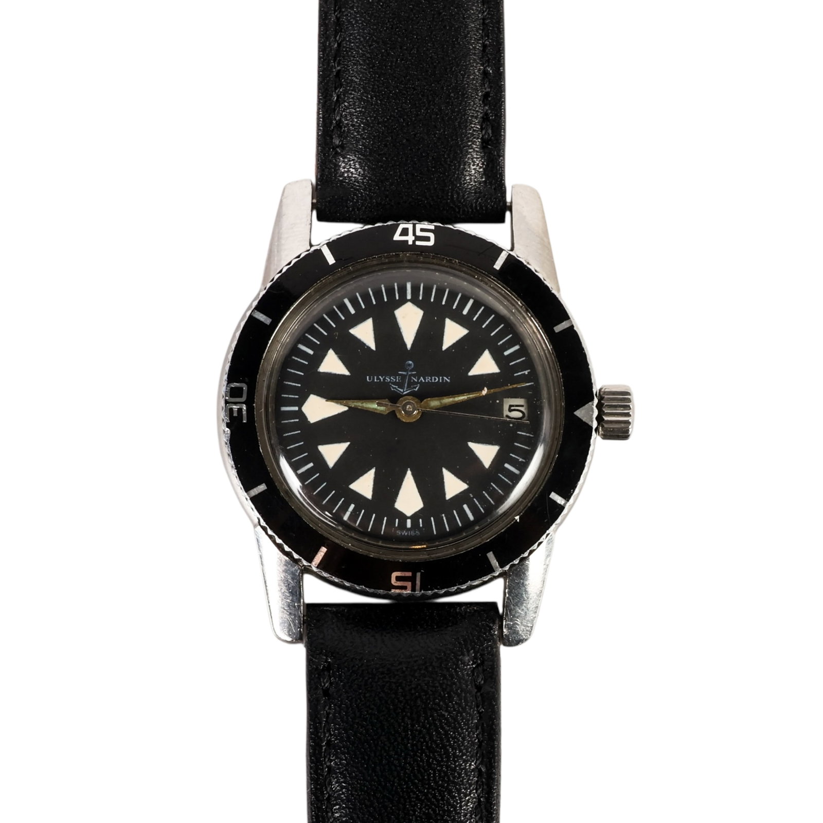 Ulysse Nardin Vintage Stainless Steel Dive Watch: Vintage Ulysse Nardin dive wristwatch featuring a black dial with luminous triangular hour markers, center sweep seconds, a date aperture at the 3 o'clock position, a rotating black dive bezel, and an