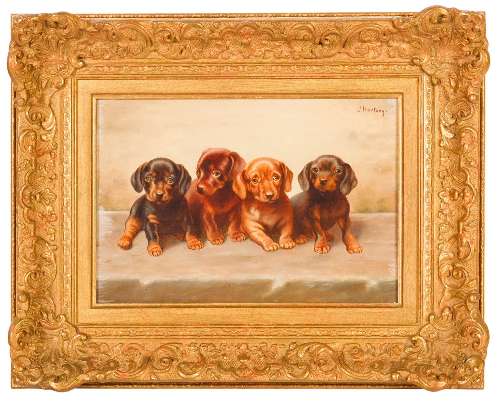 Dachshund Puppies Scene Painting after J. Hartung: After J. Hartung (aka Carl Reichert, Austrian, 1836-1918), oil on board depicting four Dachshund puppies seated in a row against a neutral background. Bears the signature "J. Hartung" upper right. Pre