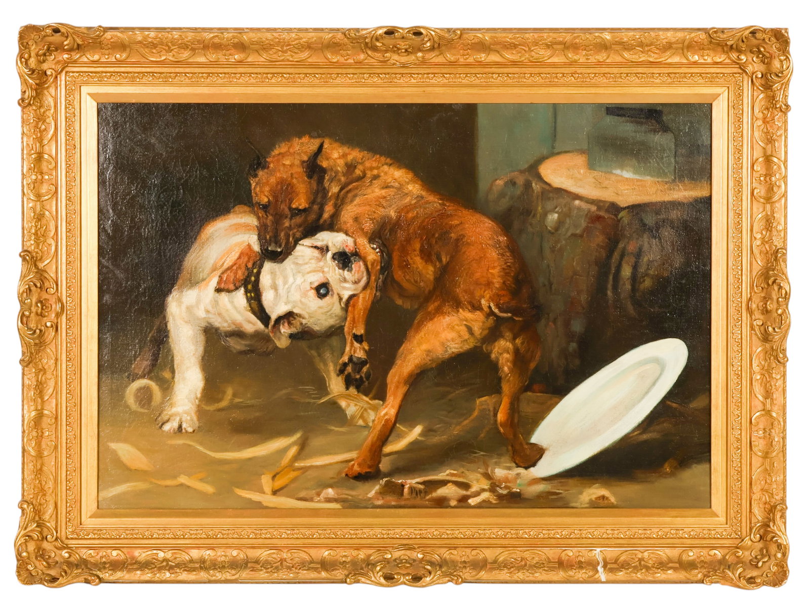 Two Hounds Fighting over Plate after Frans Snyder: After Frans Snyders (Flemish, 1579-1657), Two Hounds Fighting over a Plate, oil on canvas depicting two hounds engaged in combat beside a broken plate and scattered fragments in an interior setting. N