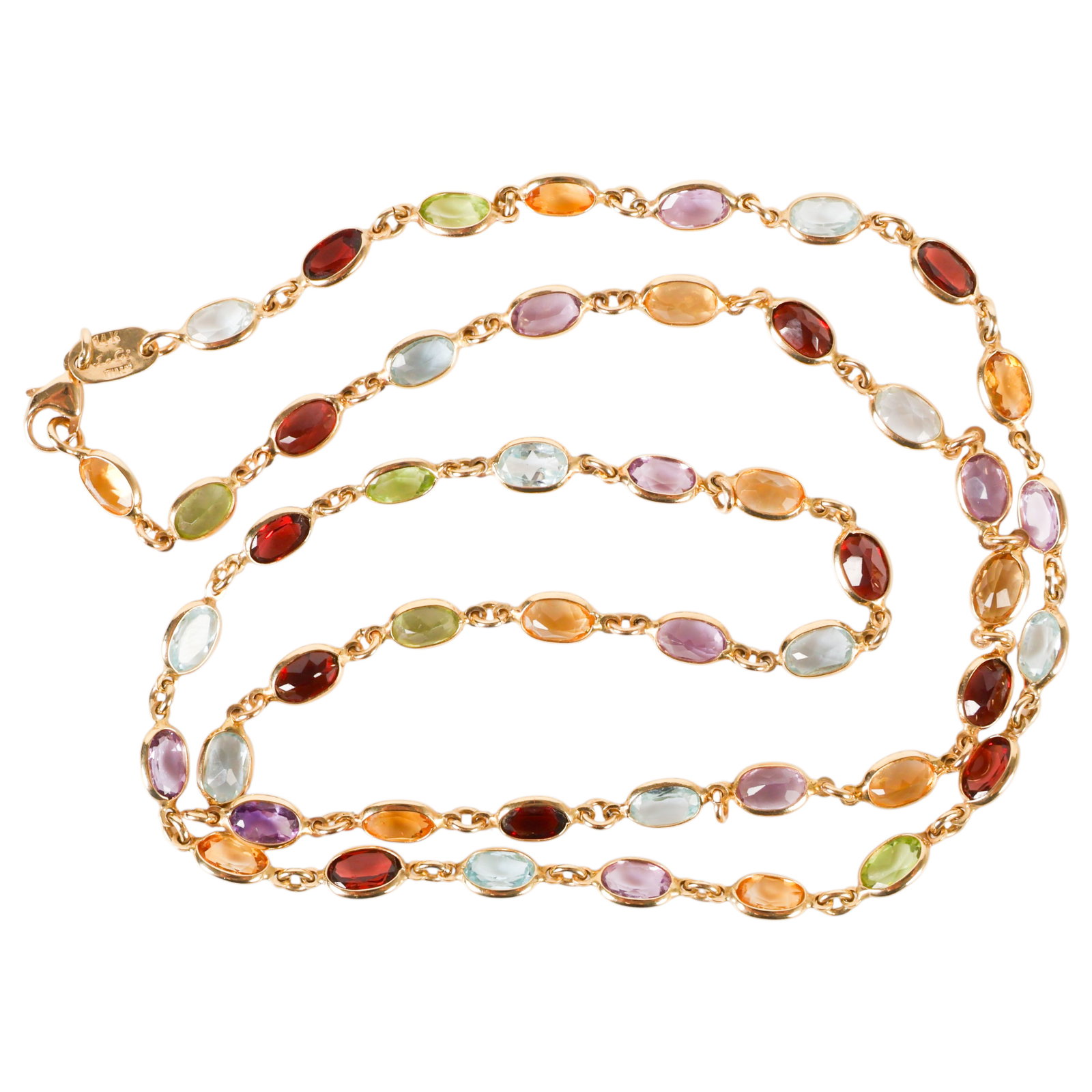 Le Gi Italy 14K Gold Harlequin Gemstone Necklace: Le Gi Italy 14K yellow gold harlequin, also known as tutti frutti, station necklace. Features a rainbow assortment of bezel set oval cut natural semi precious gemstones, including peridot, garnet, cit