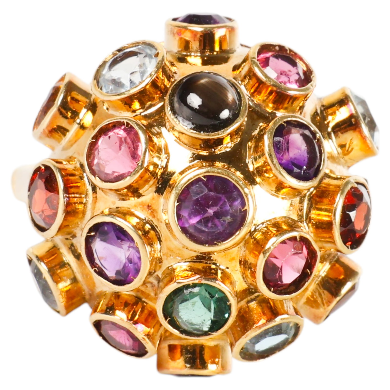 18K Gold Gemstone H. Stern Style Sputnik Ring 7g: Ladies designer 18k gold ring in the manner of H. Stern (Brazil). Modernist Sputnik design with 19 multi colored semi-precious stones including amethyst, citrine, garnet, blue topaz, and various