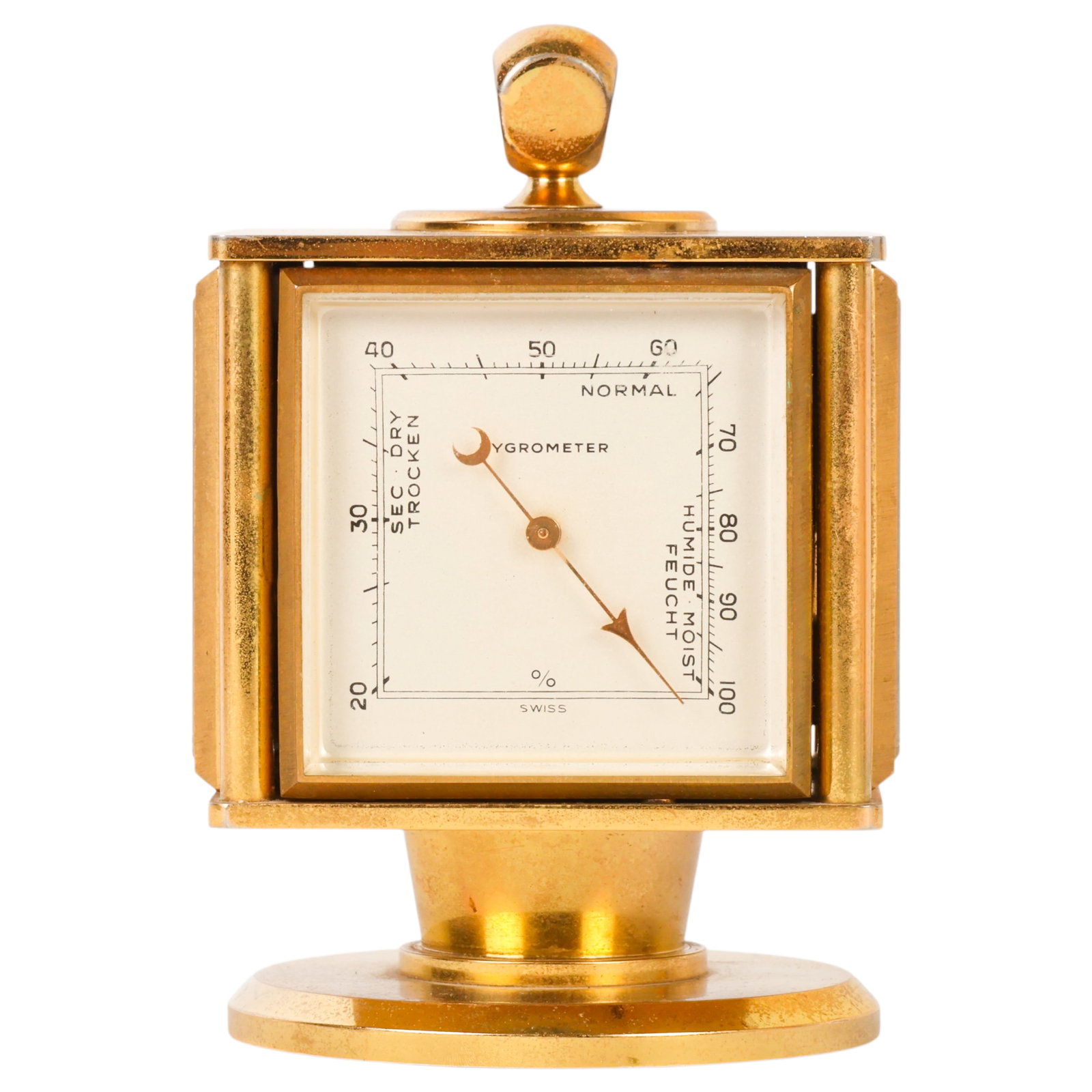 Abercrombie Fitch Four Dial Swiss Desk Instrument: Abercrombie & Fitch Company Swiss manufactured desk instrument featuring a rotating brass case mounted on a circular pedestal base. Four sides include a 15 jewel mechanical clock, thermometer with Fah