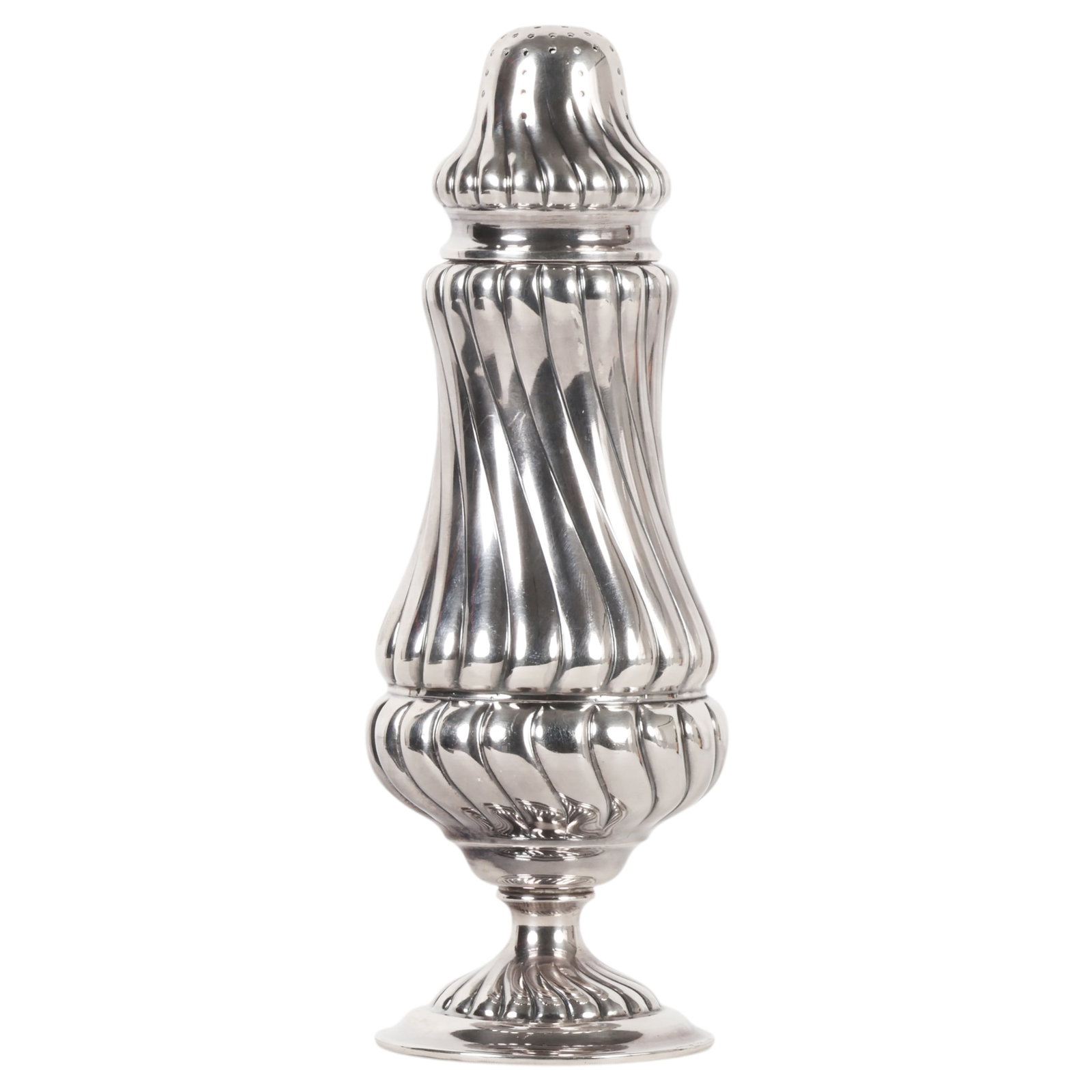 Buccellati Sterling Silver Muffineer Sugar Shaker: Buccellati Italian sterling silver muffineer (sugar shaker), featuring the maker's signature fluted spiral design with a pierced screw-on domed cover and circular pedestal foot. Marked "Buccellati Ita