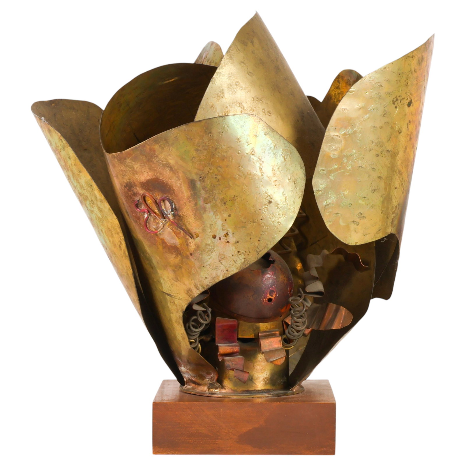 Brutalist Mid Century Mixed Metals Brass Sculpture: Brutalist mid-century modern mixed metals sculpture featuring an abstract assemblage of folded brass and copper elements with welded accents surrounding a central spherical form. The sculptural compos