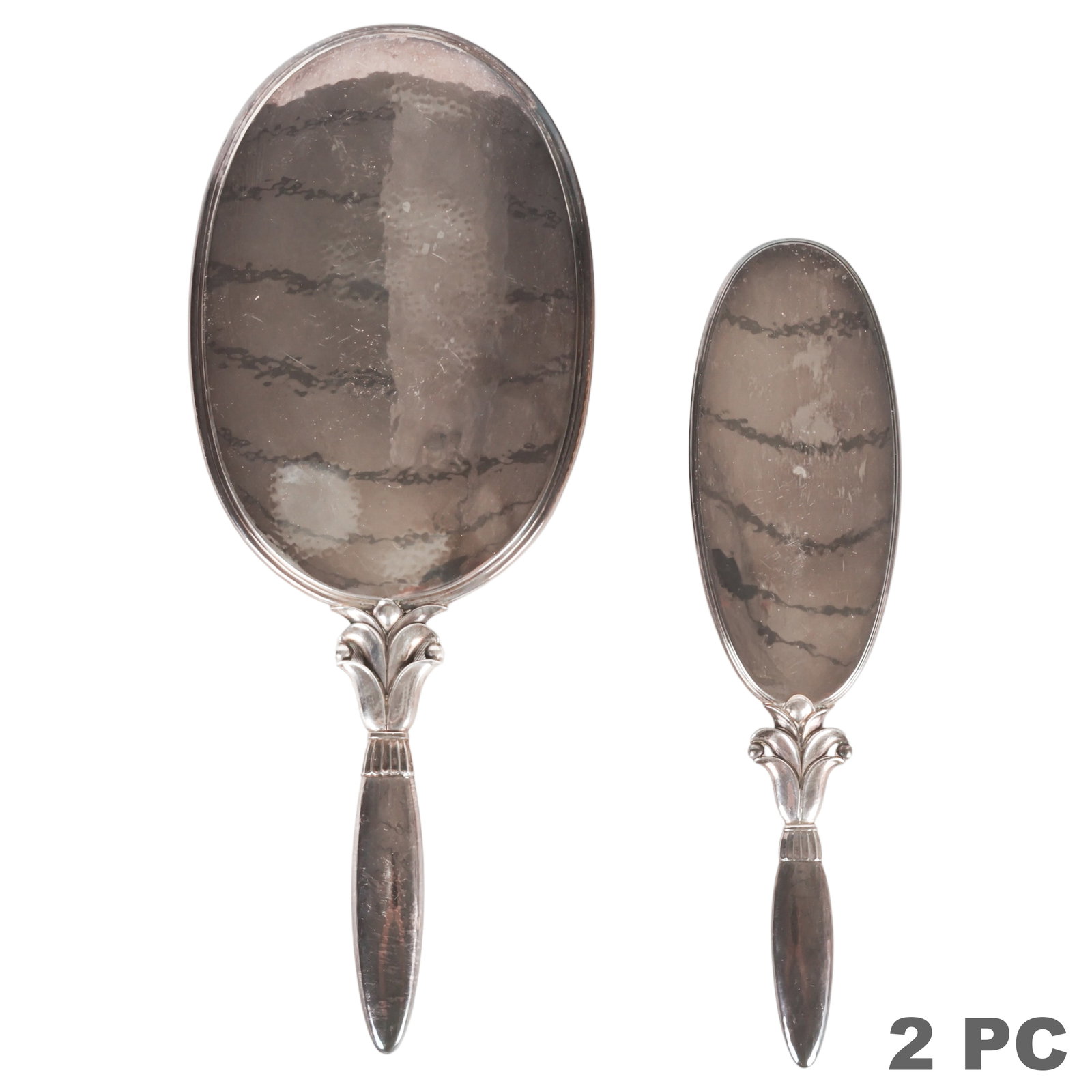 Georg Jensen Sterling Silver #172 Mirror and Brush: Vintage Georg Jensen Danish sterling silver vanity set comprising a hand mirror and hair brush in the Palm pattern (Pattern No. 172A mirror and No. 172D brush), each featuring a stylized palm leaf mot