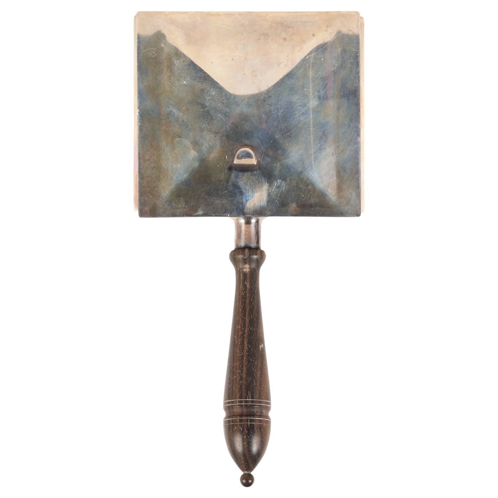 Sterling Silver & Wood Georg Jensen Silent Butler: Vintage Georg Jensen sterling silver silent butler featuring a rectangular hinged crumb tray with a turned wood handle. Reverse stamped "USA Georg Jensen Sterling". Combined approximate weight 280 gra