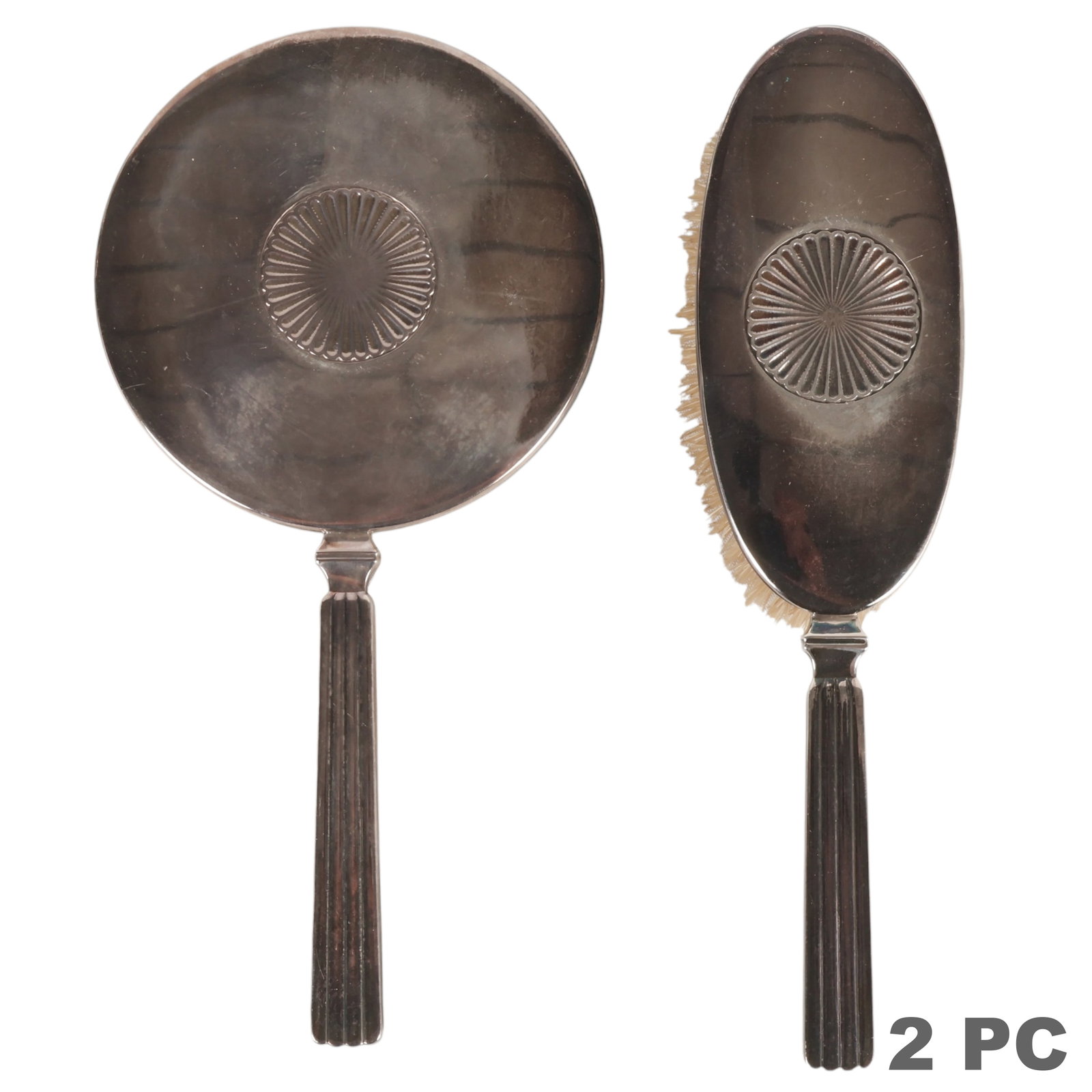 Georg Jensen Sterling Silver # 278 Mirror & Brush: Georg Jensen Danish sterling silver vanity set comprising a hand mirror and hair brush, each featuring Pattern No. 278 with a central radiating medallion and fluted handle. Both pieces are stamped Geo