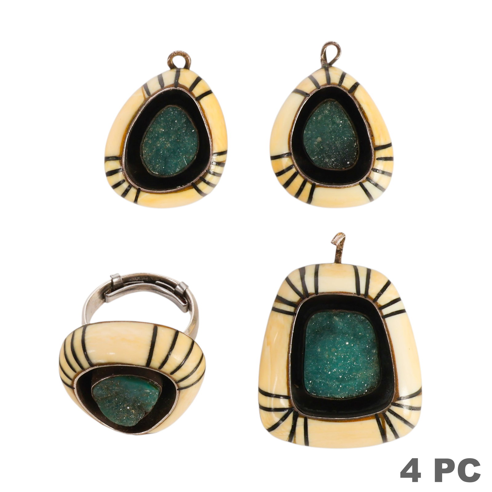 Sterling Silver Native American Ring & Pendant SET: Native American artisan-made sterling silver jewelry set comprising a ring and three matching pendants. Each piece features a sparkling blue druzy-style quartz center framed by a cream-colored organic