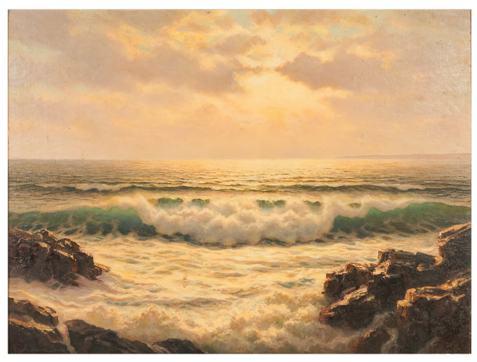 Josef Arentz 1903-1969 Coastal Seascape Painting: Josef Arentz (German, 1903-1969), oil on board depicting a dramatic coastal seascape with crashing waves between rocky outcroppings beneath a luminous sky. Signed and dated lower left. Presented in a 
