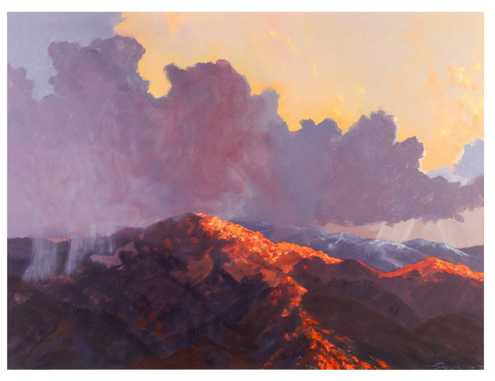 Dennis Downey 1941-2021 Arizona Landscape Painting: Dennis Downey (American,1941-2021), San Francisco Peak, oil on canvas depicting the San Francisco Peaks of northern Arizona beneath towering storm clouds illuminated by warm evening light. Inspired by