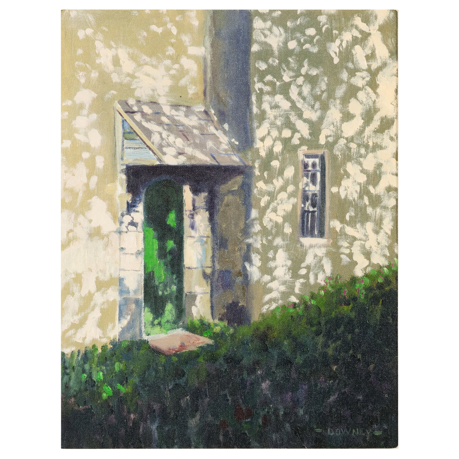 Dennis Downey 1941-2021 The Grainery Door Painting: Dennis Downey (American, 1941-2021), The Grainery Door, oil on canvas board depicting the sunlit entrance of a rustic stone building with a weathered green door. Executed in the artist's realist style
