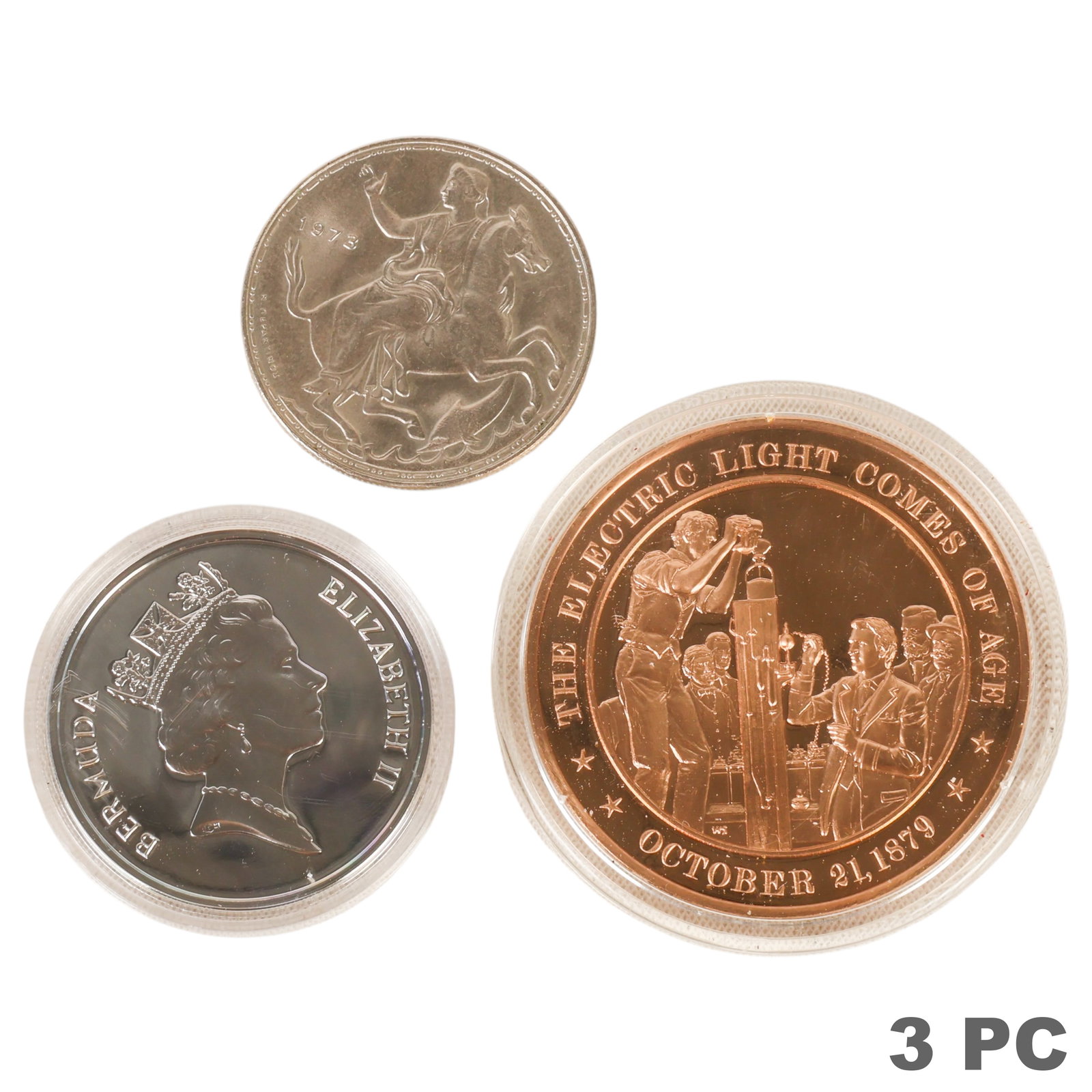 Bermuda Proof, Panama 20 & Commemorative Coin LOT: Lot of three commemorative coins comprising a 1987 Bermuda $25 palladium proof coin, encapsulated and housed in its presentation case with Certificate of Authenticity from The Singapore Mint; a The