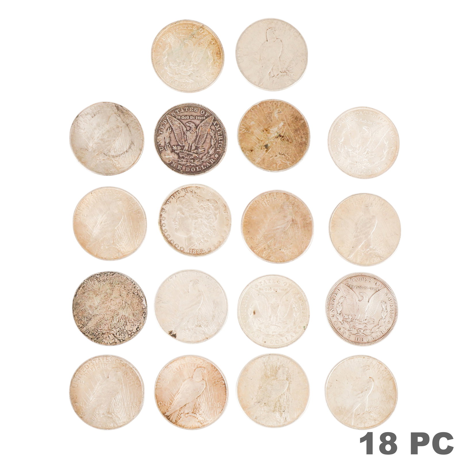 United States Silver Morgan Peace Dollars 18pc LOT: Lot of eighteen United States silver dollars comprising six Morgan Silver Dollars and twelve Peace Silver Dollars. Morgan Dollars include 1879 (1), 1883 (1), 1885 (1), and 1921 (3). Peace Dollars incl