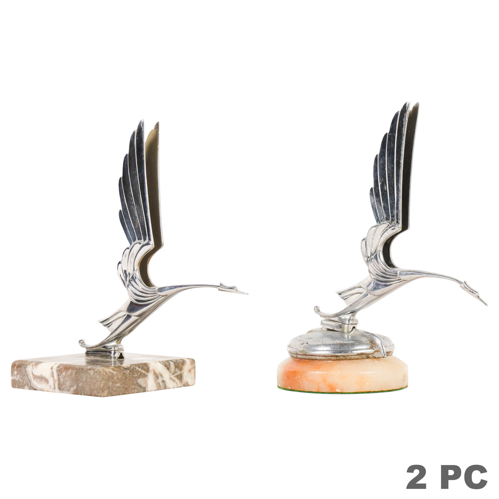 Cadillac Heron Radiator Mascot Hood Ornament LOT: Lot of two chrome-plated Art Deco style Heron automobile hood ornaments after the iconic design by John W. Hession Jr., originally used on Cadillac and LaSalle automobiles from 1930-1932. Each