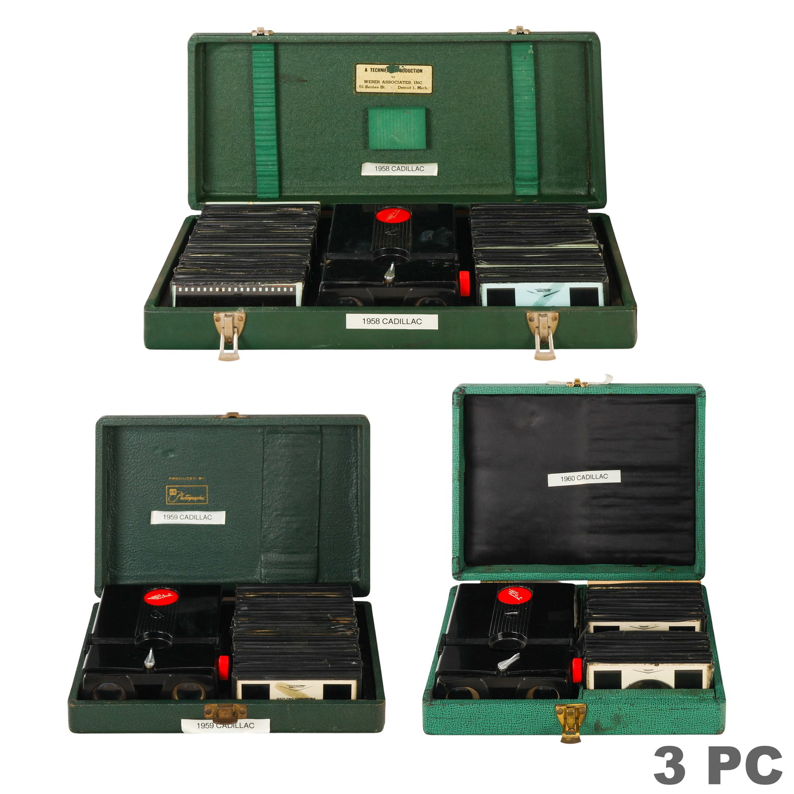 RARE 1950s Cadillac Dealership Slide Viewer SETS: Scarce Lot of three vintage Stereo Realist 3-D slide viewer sets produced for Cadillac dealerships, each housed in its fitted carrying case. Includes Stereo Realist viewers with transparency slide