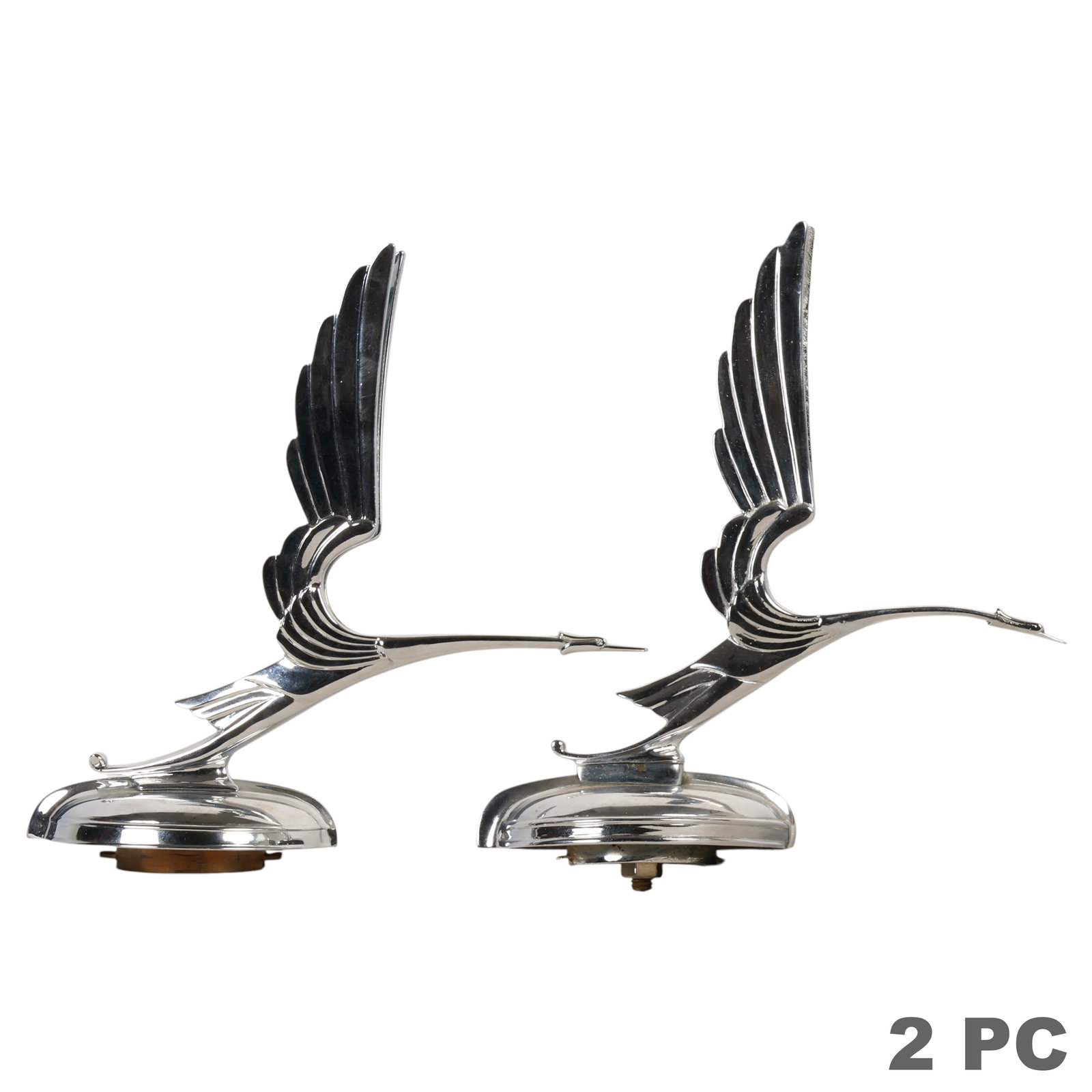 Cadillac Heron Chrome Bird Hood Ornaments 2pc LOT: Lot of two chrome-plated Art Deco style Heron automobile hood ornaments after the iconic design by John W. Hession Jr., originally used on Cadillac and LaSalle automobiles from 1930-1932. Each