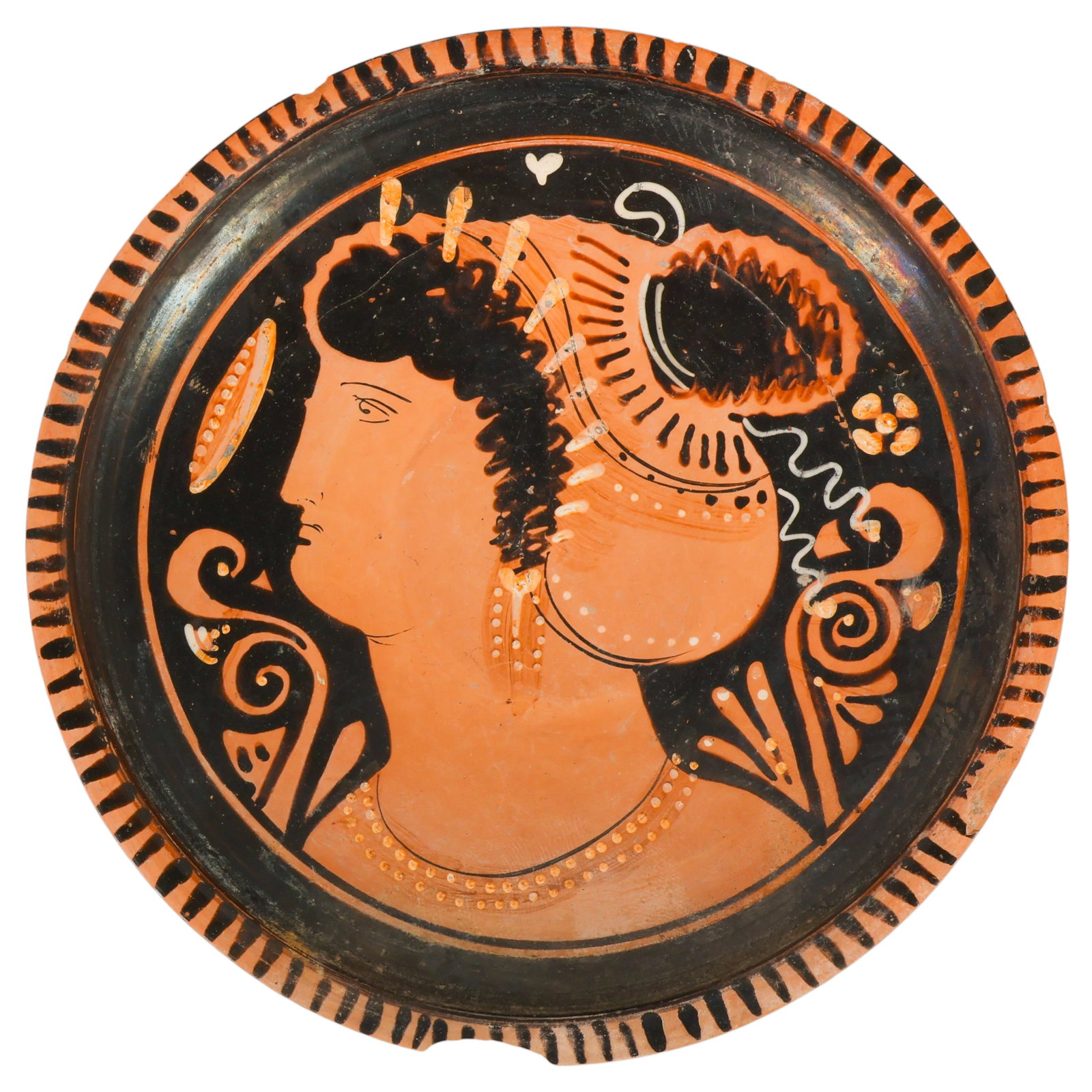 Ancient Greek Apulian Red-Figure Plate with COA: Ancient Greek style Apulian red-figure terracotta plate depicting the profile bust of a richly adorned woman, commonly identified as a "Lady of Fashion." The figure wears an elaborate sakkos
