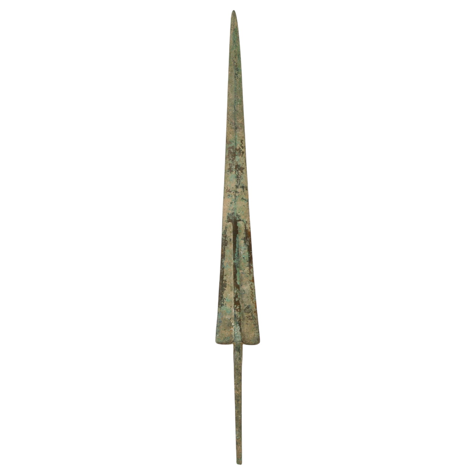 Ancient Luristan Bronze Sword Blade c.1200-800 BCE: Ancient Luristan cast bronze sword blade dating to the Iron Age, ca. 1200800 BCE, of elongated leaf form with a pronounced central midrib, twin fullers, and an integral tang. The blade displays a gree