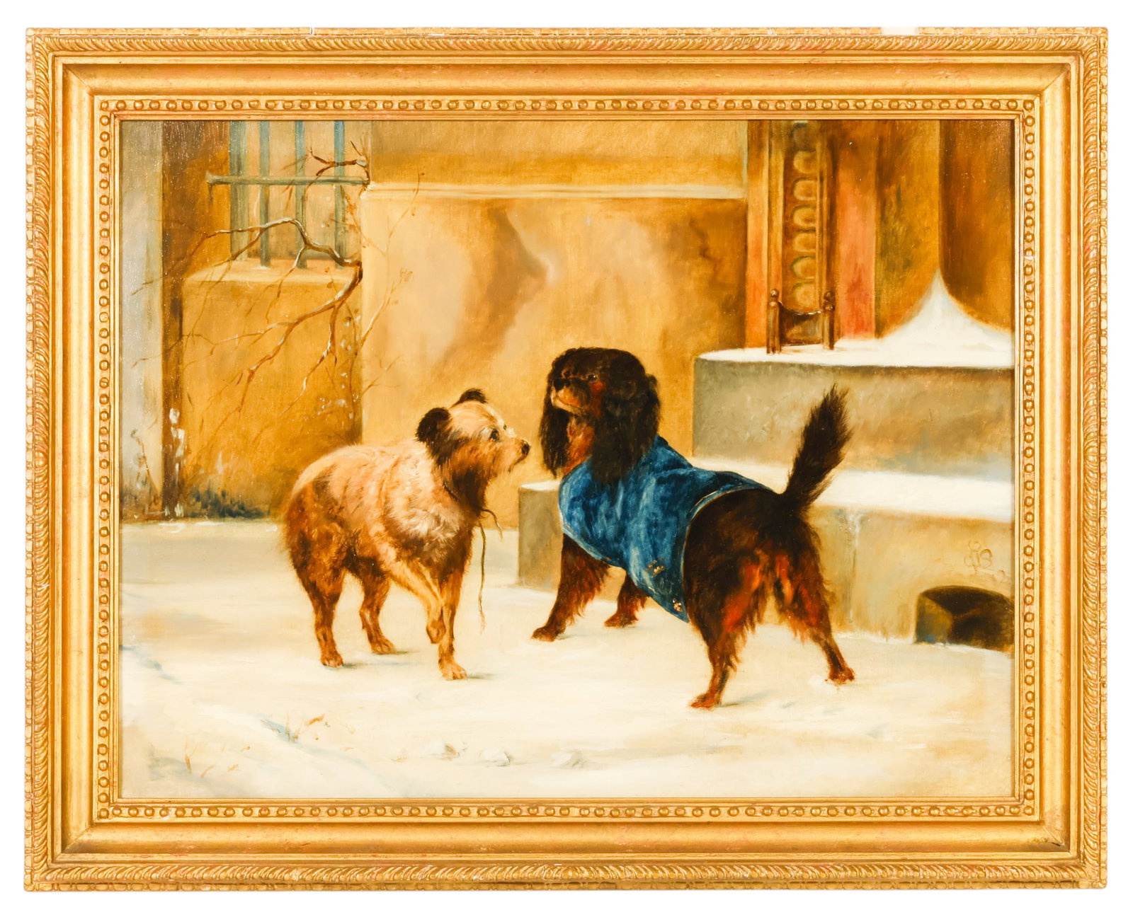 19C Continental School Two Dogs in Snow Painting: Antique oil on canvas depicting two dogs standing in a snow-covered courtyard before a building entrance, one wearing a blue dog coat. No apparent artist signature observed, with a possible artist's m