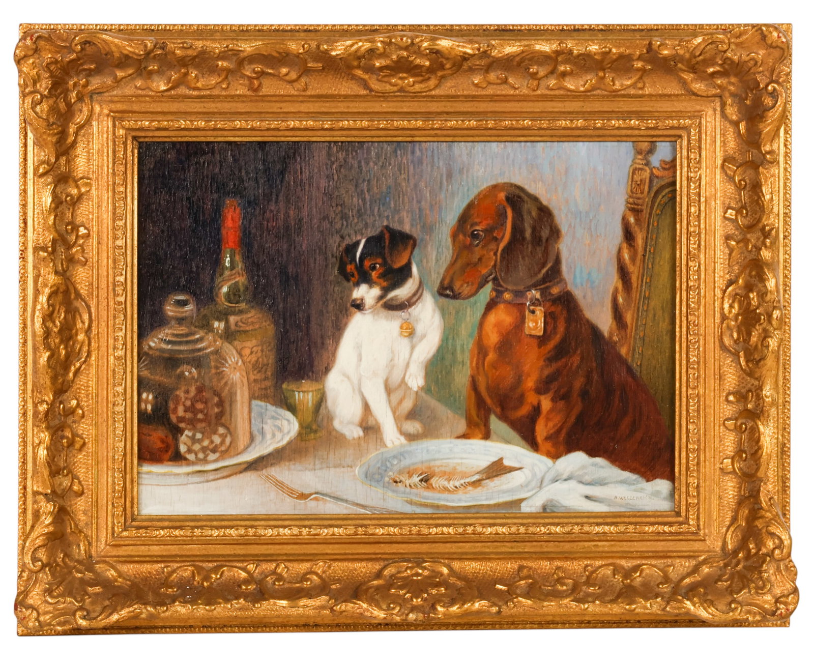 Weczerzick 1864-1952 Dachshund & Terrier Painting: Alfred Weczerzick (Czech/German, 1864-1952), oil on wood panel depicting an interior scene with a Dachshund and Jack Russell-type Terrier seated beside a dining table with a fish skeleton on a plate, 