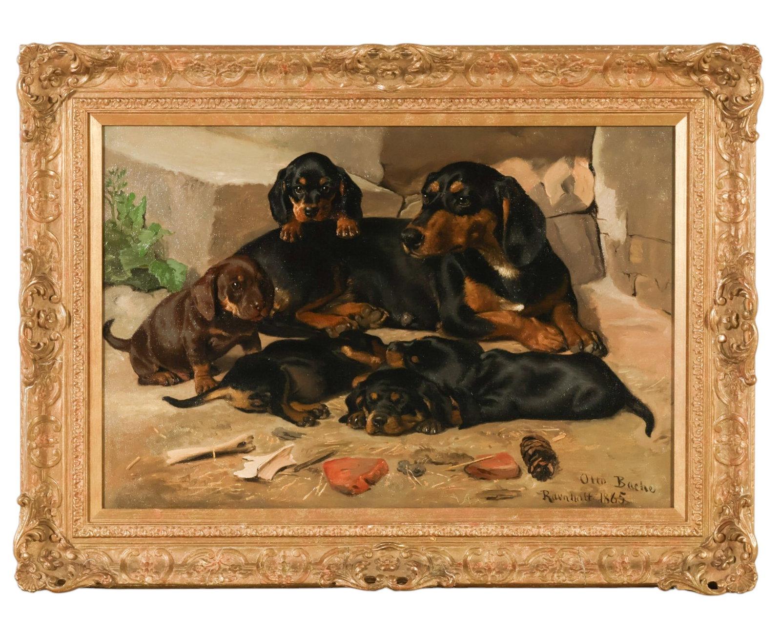 Dachshund Dog Family Oil Painting after Otto Bach: After Otto Bache (Danish, 1839-1927), Dachshund Family, oil on canvas depicting a black-and-tan Dachshund with five puppies gathered outside a stone building. Signed lower right "Otto Bache" and dated