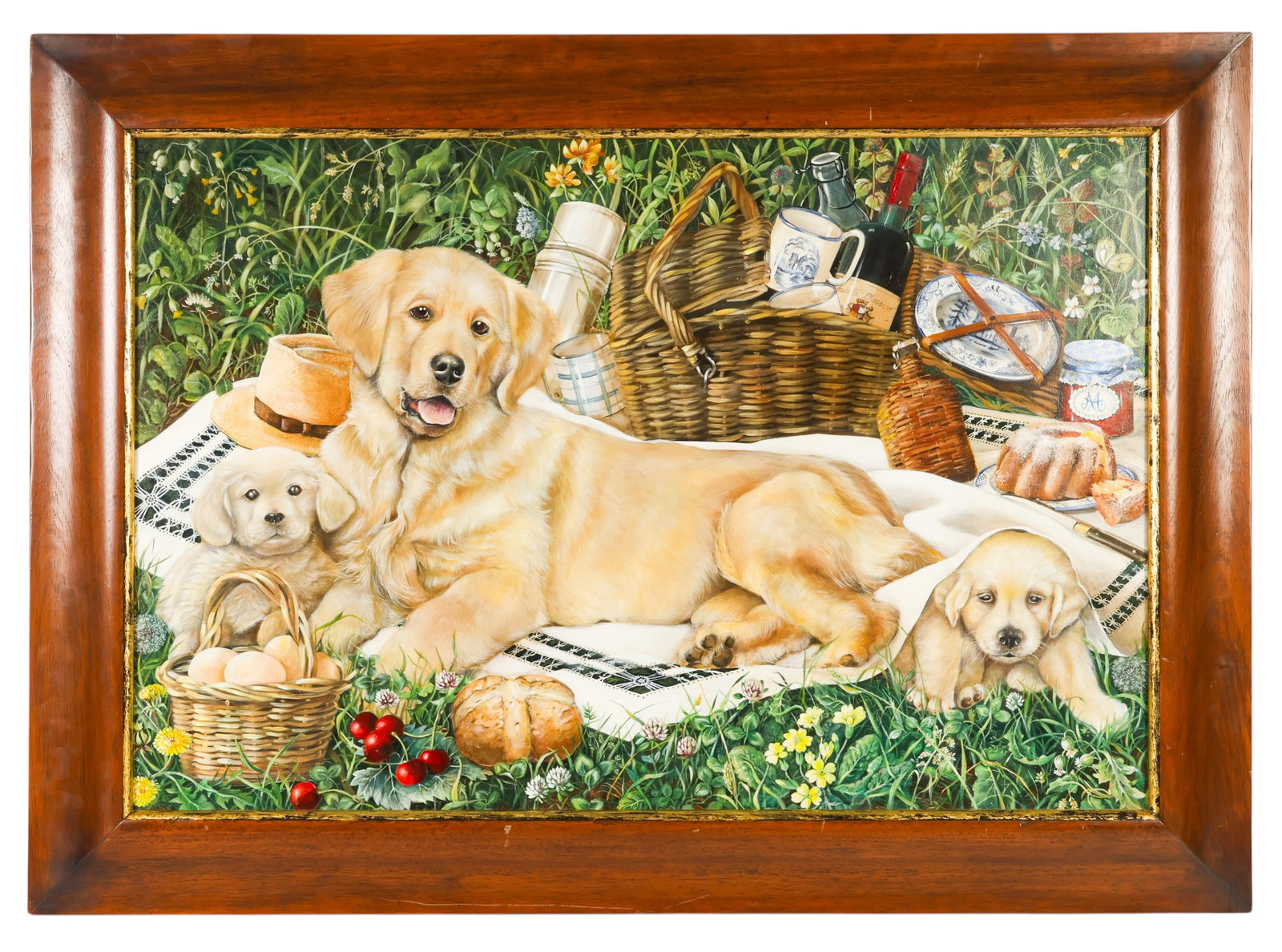 British School Golden Retriever Picnic Painting: British School, Late 20th Century, oil on canvas depicting a Golden Retriever with two puppies in a picnic setting. No apparent artist signature observed. Retains a Stephanie Hoppen Fine Art, London g