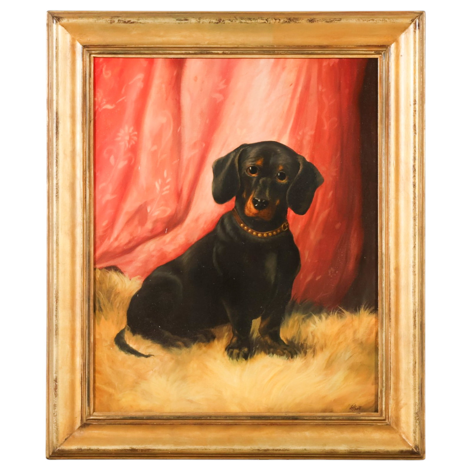 Antique Dachshund Dog Portrait Oil Painting SIGNED: Antique oil on canvas depicting a seated black-and-tan Dachshund wearing a studded collar before a draped backdrop, signed lower right. Presented in a gilt wood frame. The reverse retains a Johnny Bro