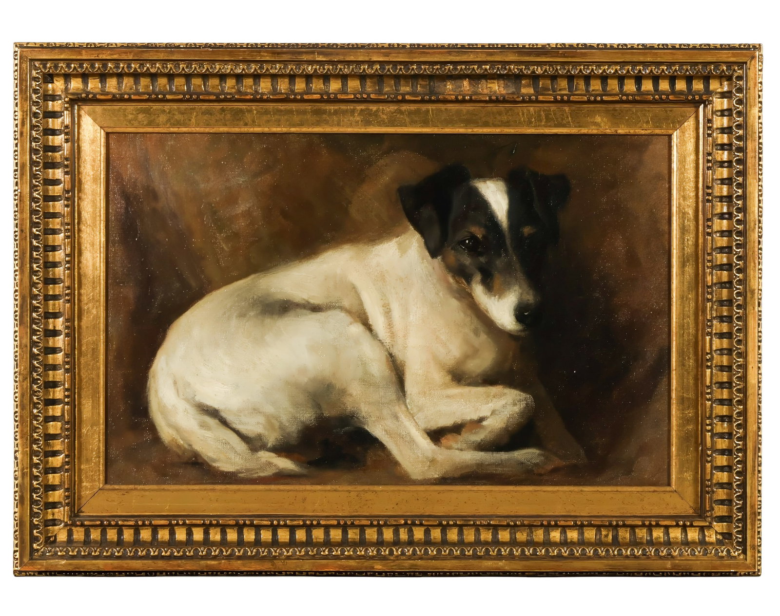 Antique Jack Russel Fox Terrier Portrait Painting: Antique oil on canvas depicting a black and white Jack Russell/Fox Terrier-type dog in a relaxed pose, rendered in a naturalistic style against a dark background. No apparent artist signature observed