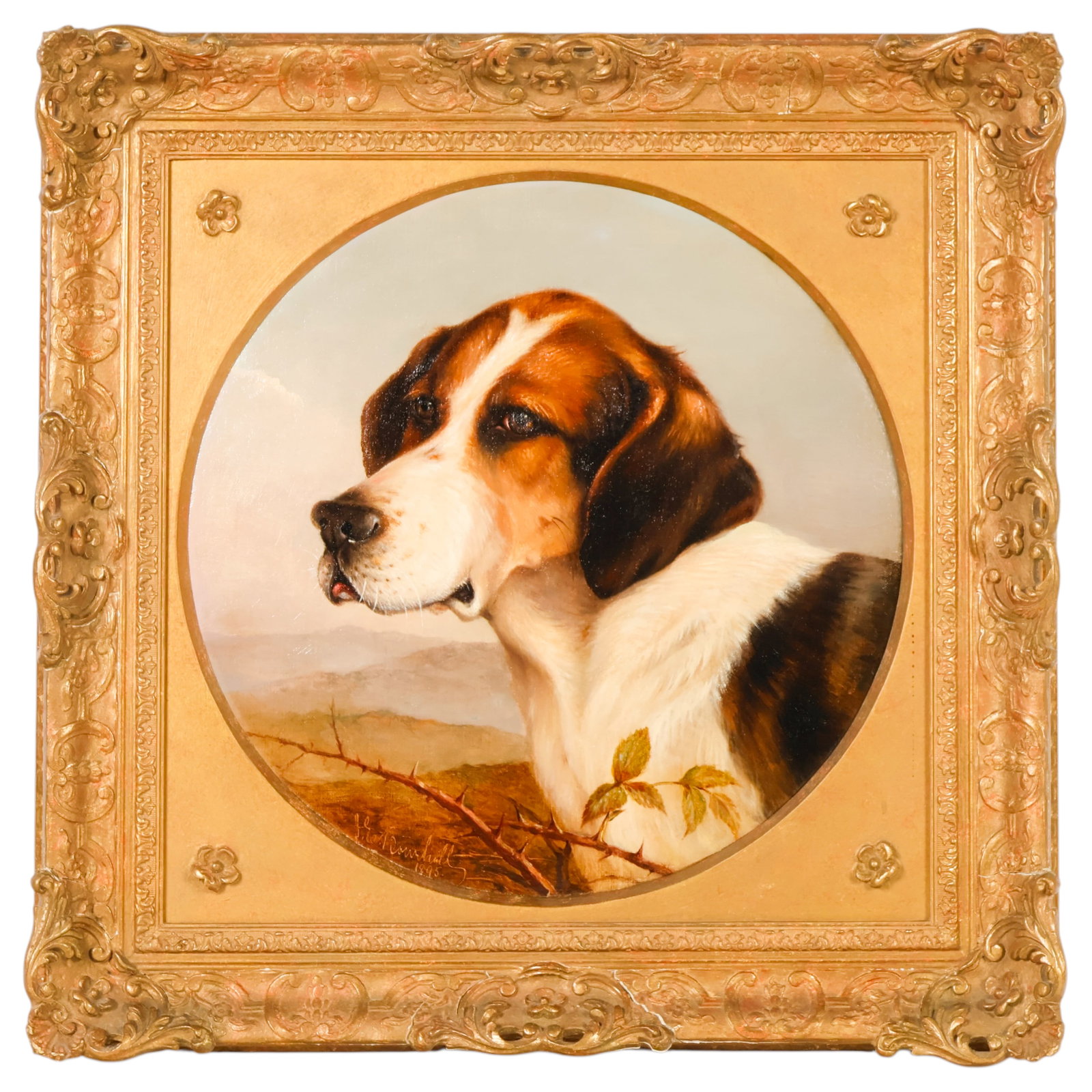 Antique English Foxhound Dog Portrait Oil Painting: Antique British School style oil on canvas mounted on board painting, depicting a finely rendered head-and-shoulders portrait of a tricolor hunting hound in profile against a distant landscape. Bears 