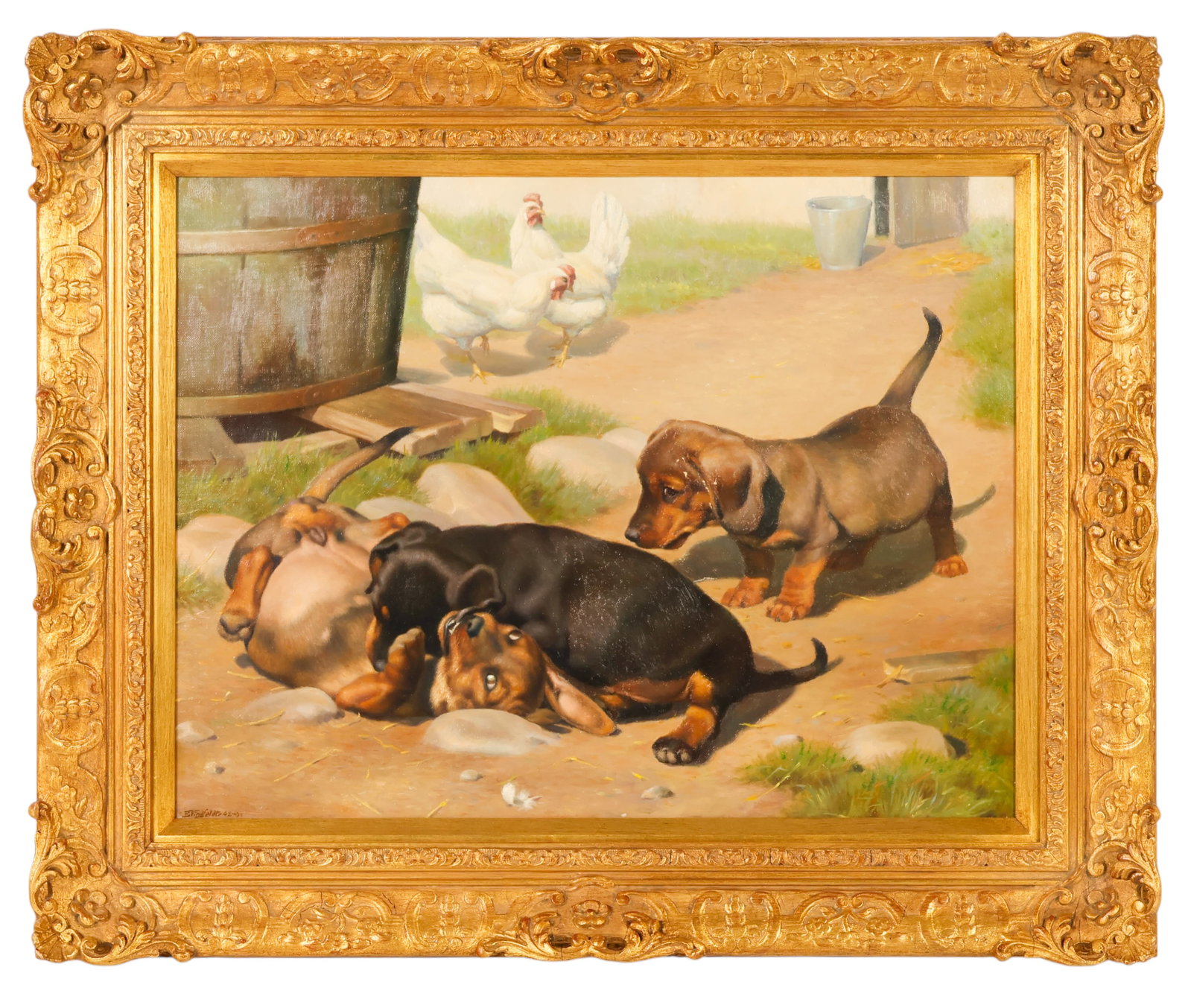 Einar Windfeldt 1905-1953 Dachshund Puppy Painting: Einar Windfeldt (Danish, 1905-1953), Dachshund Puppies, oil on canvas depicting three Dachshund puppies at play in a farmyard with chickens in the background. Signed lower left. The reverse retains an