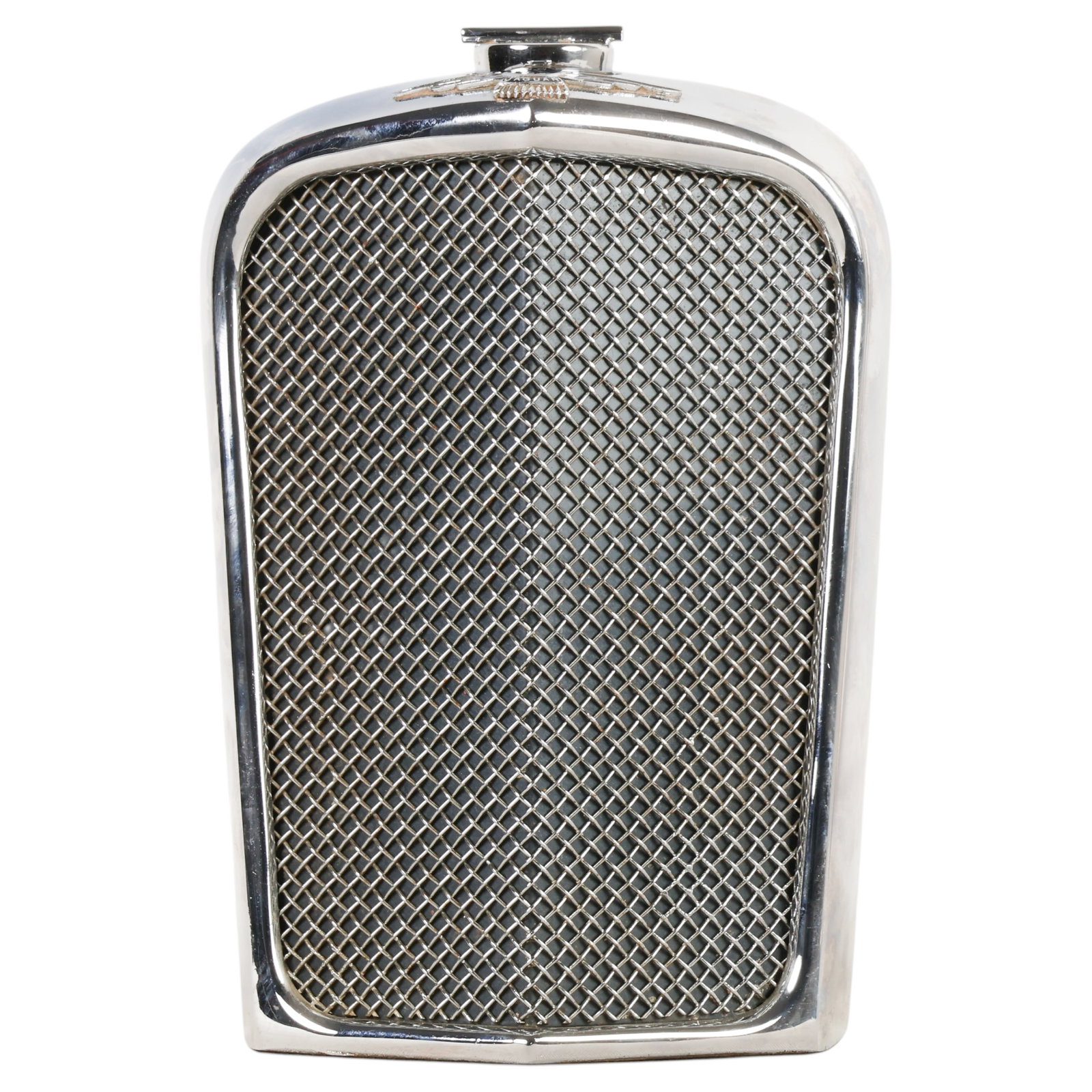Ruddspeed Jaguar SS Radiator Grille Bar Decanter: Ruddspeed chrome-plated Jaguar SS radiator grille decanter featuring a Mid-Century Modern design with a chrome-plated wire mesh grille housing an internal glass spirit flask. The front is adorned with