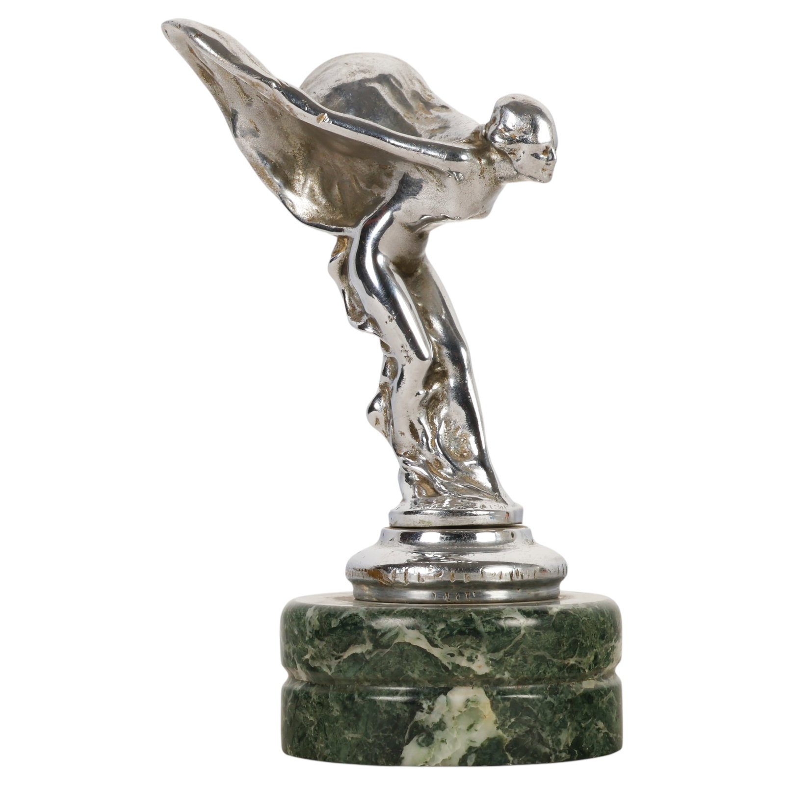 Rolls Royce Spirit of Ecstasy Chrome Hood Ornament: Chrome-plated Rolls-Royce Spirit of Ecstasy automobile radiator mascot (hood ornament), also known as The Flying Lady, after the iconic design by Charles Robinson Sykes (British, 1873-1950). The cast 