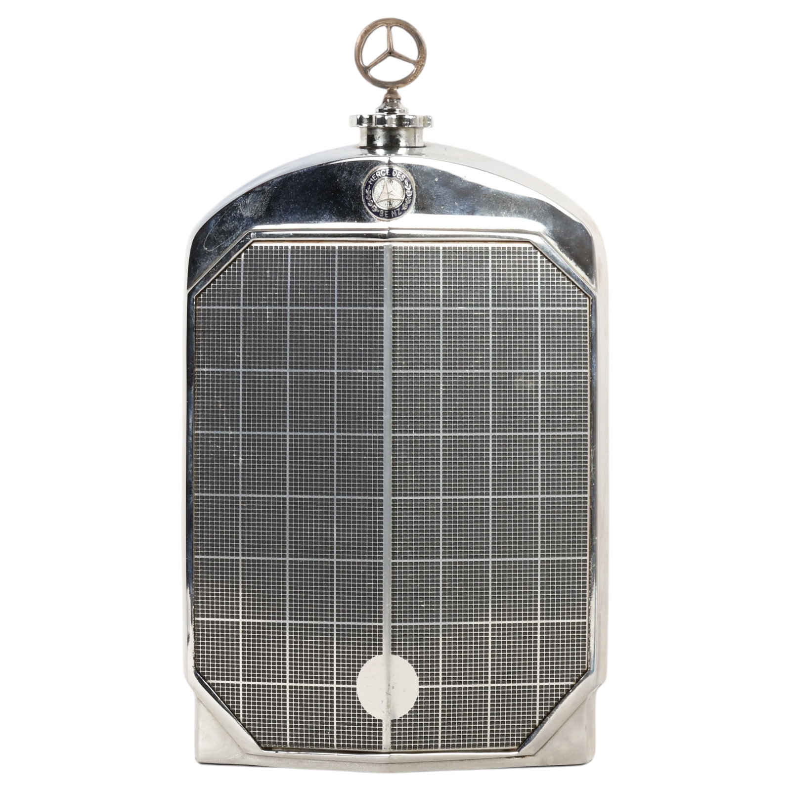 Ruddspeed Mercedes Benz Radiator Grille Decanter: Ruddspeed chrome-plated Mercedes-Benz radiator grille decanter modeled after the front grille of a classic Mercedes-Benz automobile. Featuring the iconic three-pointed star hood ornament, radiator cap