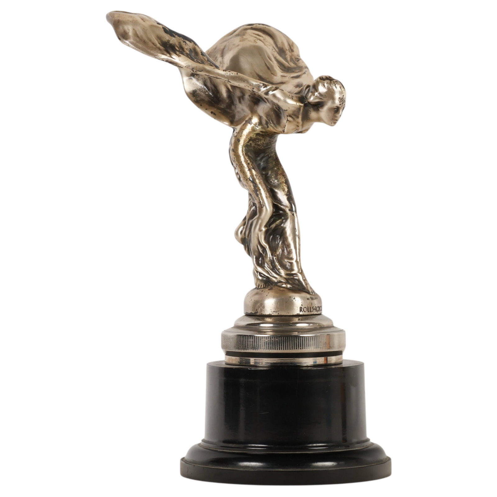 Rolls Royce Spirit of Ecstasy Car Radiator Mascot: Chrome-plated bronze Rolls-Royce Spirit of Ecstasy automobile radiator mascot, also known as The Flying Lady, after the iconic design by Charles Robinson Sykes (British, 1873-1950). The figure depicts