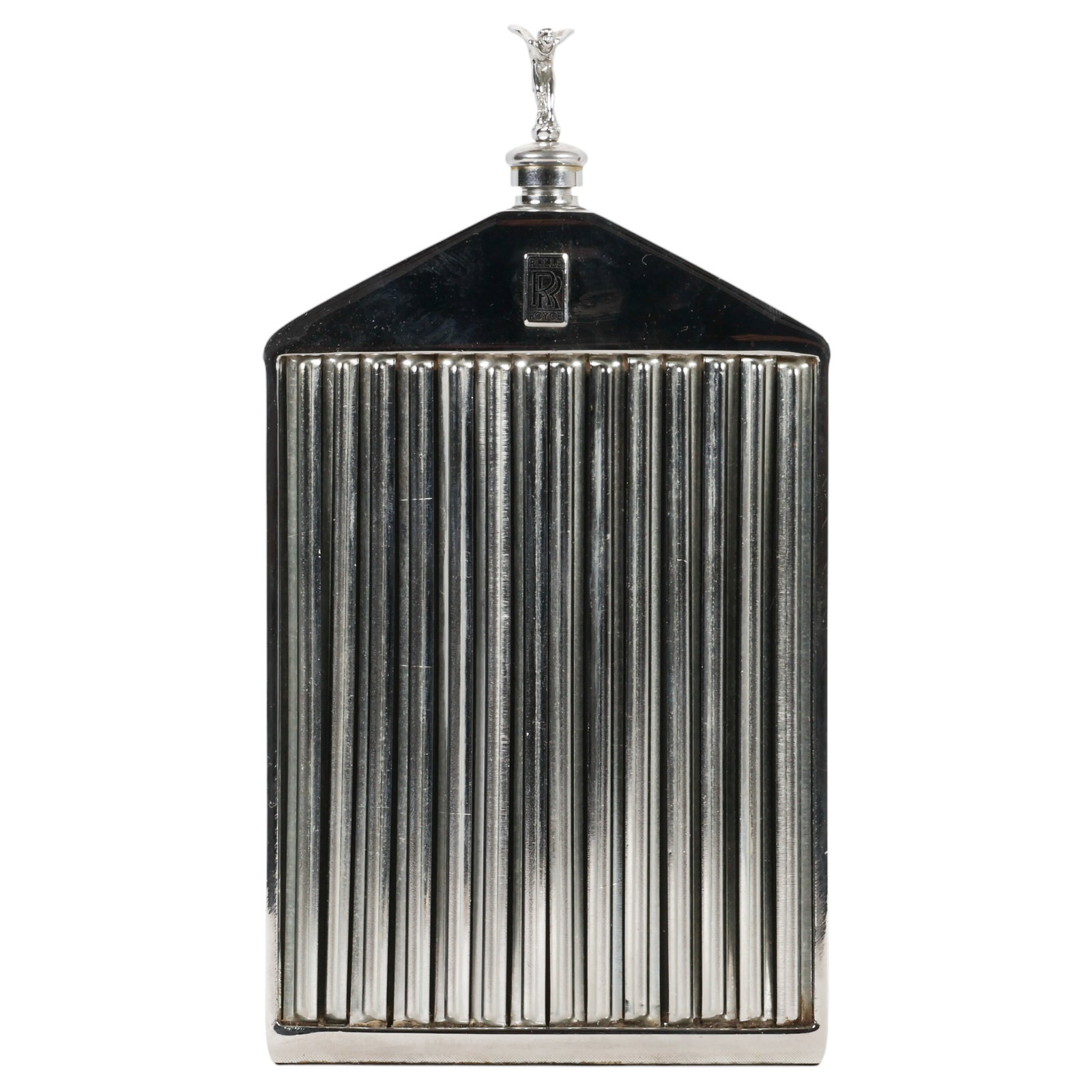 Ruddspeed "Rolls Royce" Radiator Grill Decanter: Ruddspeed chrome-plated novelty liquor flask decanter modeled after the iconic Rolls-Royce radiator grille. Featuring the Spirit of Ecstasy mascot as the screw-down stopper, the RR badge to the front,