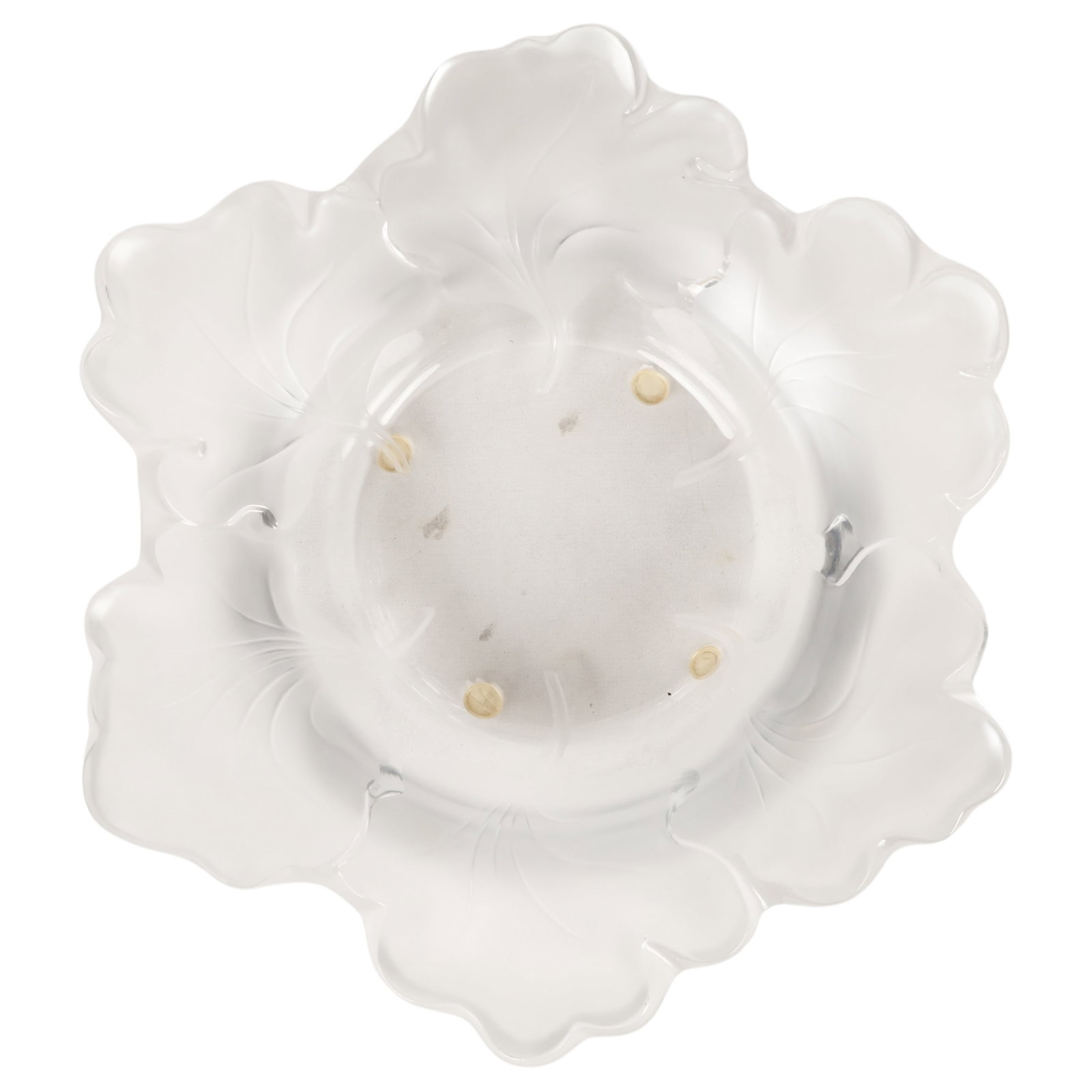 Lalique Crystal Capucines Nasturtium Centerbowl: Lalique France frosted crystal art glass centerpiece bowl in the Capucines (Nasturtium) pattern, designed by Marc Lalique (French, 1900-1977) in 1947. The circular form is modeled with overlapping nas