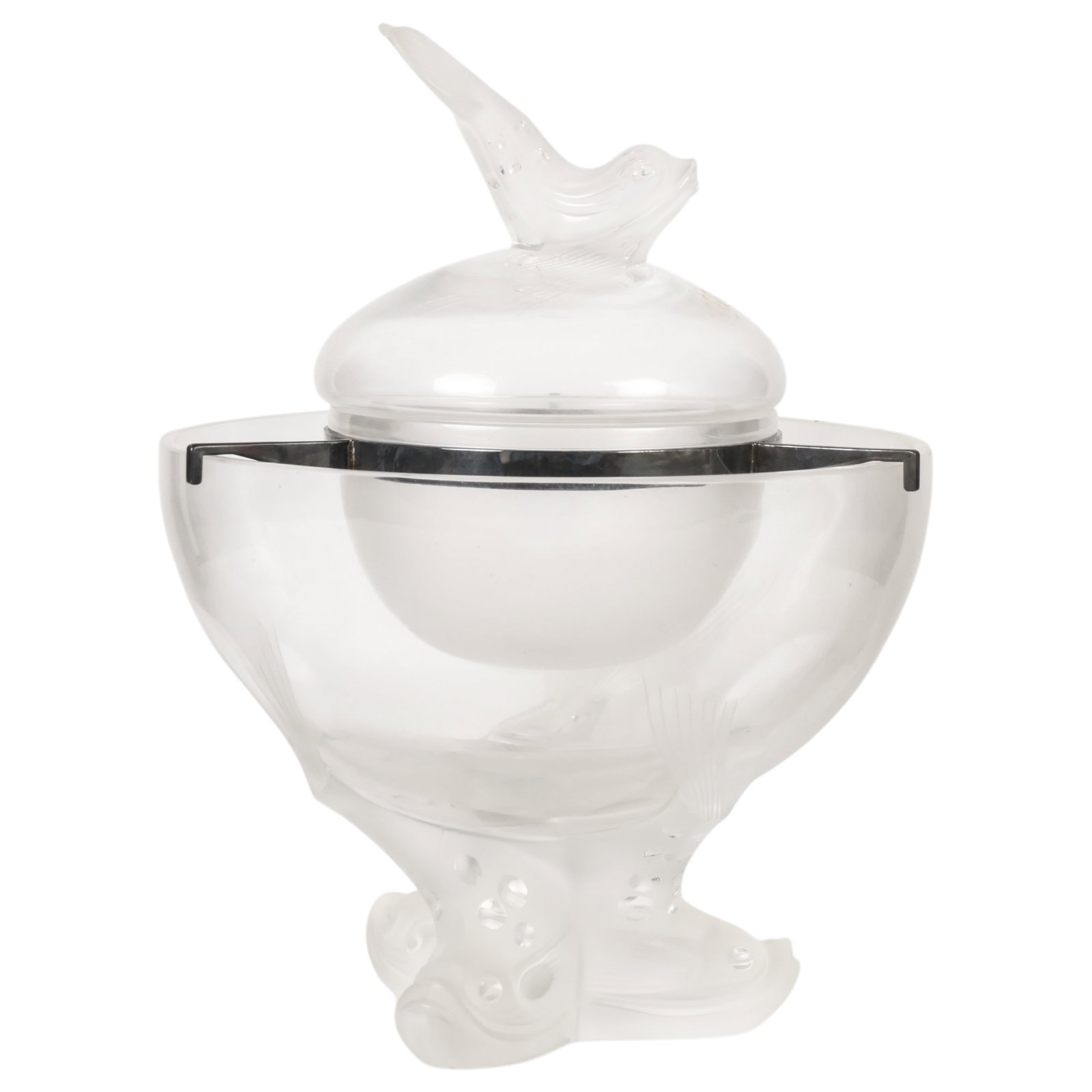 Lalique French Crystal "Igor" Fish Caviar Server: Lalique France "Igor" crystal caviar server comprising a frosted and clear crystal bowl raised on three sculptural fish-form supports, fitted with a suspended white caviar insert and metal support fra